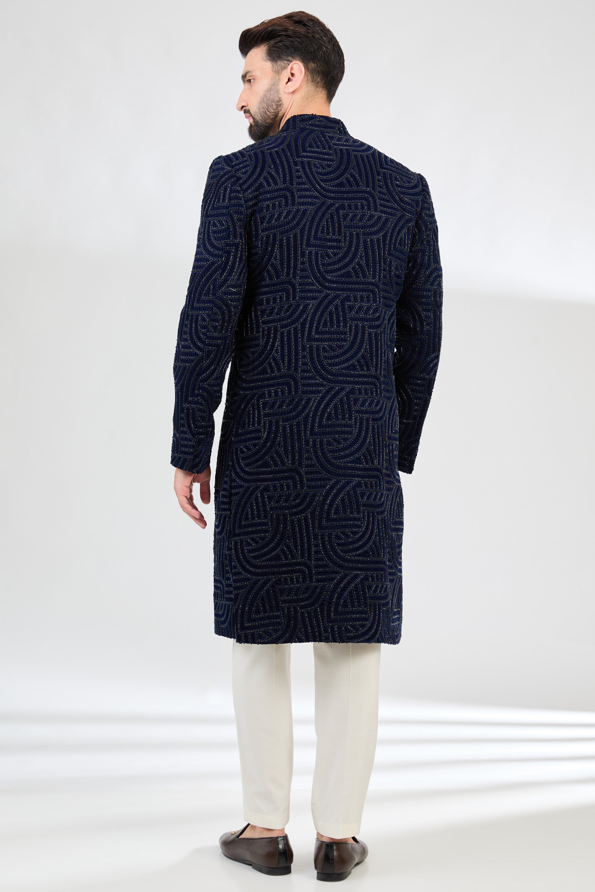 Elegant Navy Blue Sherwani for Men with Geometric Embroidery & Intricate Cut Dana Design - Perfect for Weddings, Festivals & Special Occasions