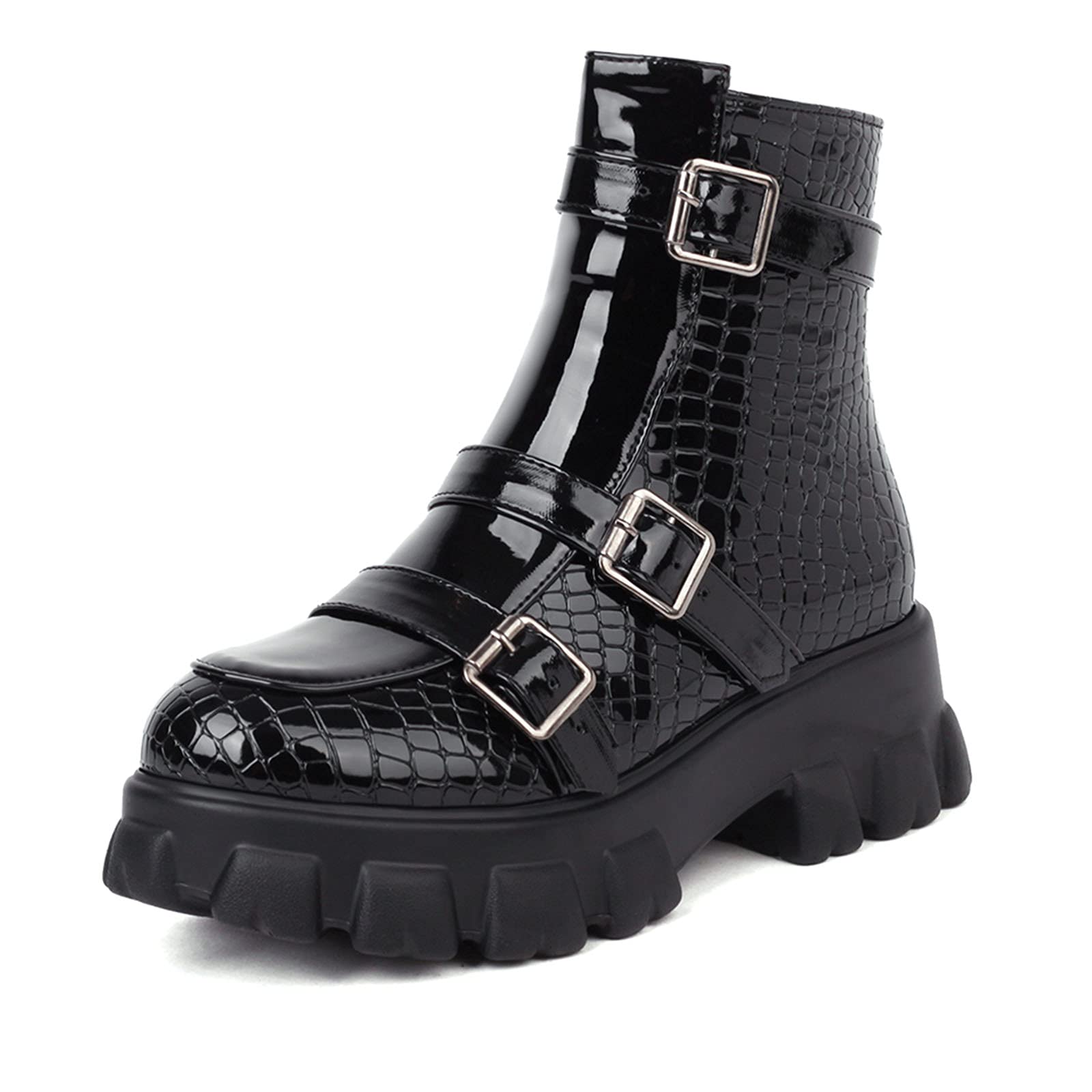 Punk Goth Ankle Boots for Women - Black Platform Combat Boots with Zipper & Buckle Strap | Outdoor, Motorcycle & Fashion Wear