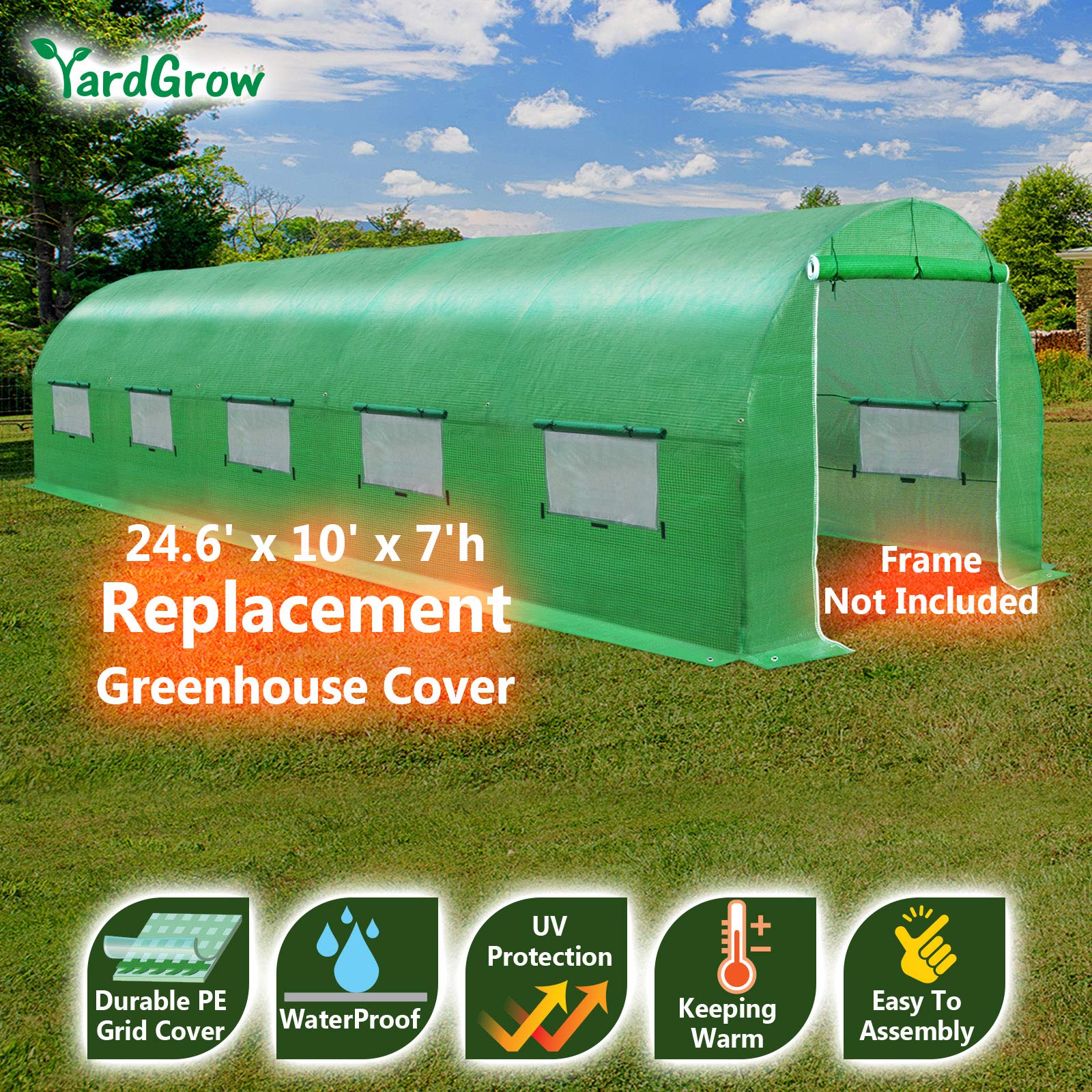 YardGrow 24.6'x10'x7' Greenhouse Replacement Cover - Durable Walk-in Outdoor Plant Gardening Cover (Green) - Perfect for Backyard Gardens, Plant Protection & Seasonal Growing (Frame Not Included)