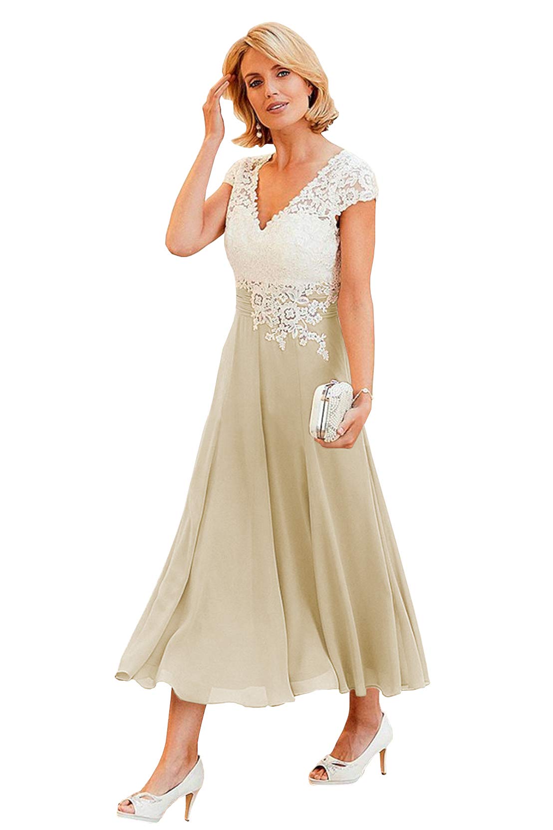 Elegant V-Neck Lace Mother of the Bride Dress - Tea Length Chiffon A-Line Formal Wedding Gown for Women | Perfect for Weddings, Receptions & Special Occasions