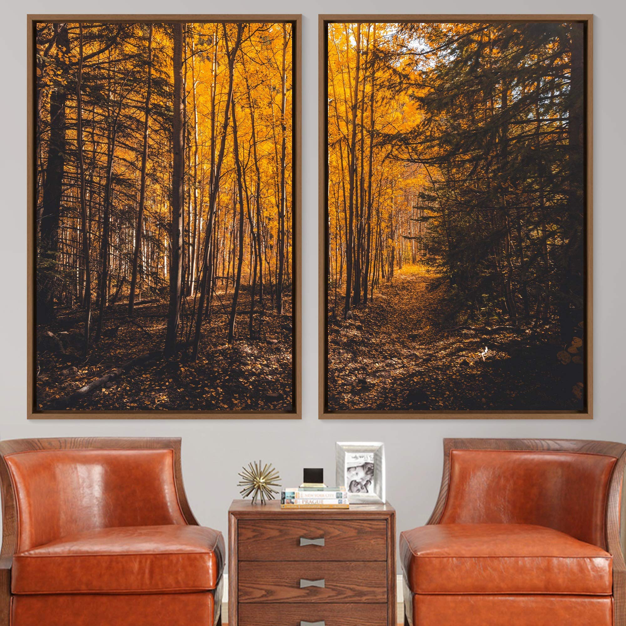 2 Piece Framed Canvas Wall Art - Brown Forest Landscape Painting for Living Room & Bedroom Decor - 24x36 Inch Modern Home Artwork (Set of 2 Panels) | Perfect for Housewarming Gifts & Cozy Interior Design