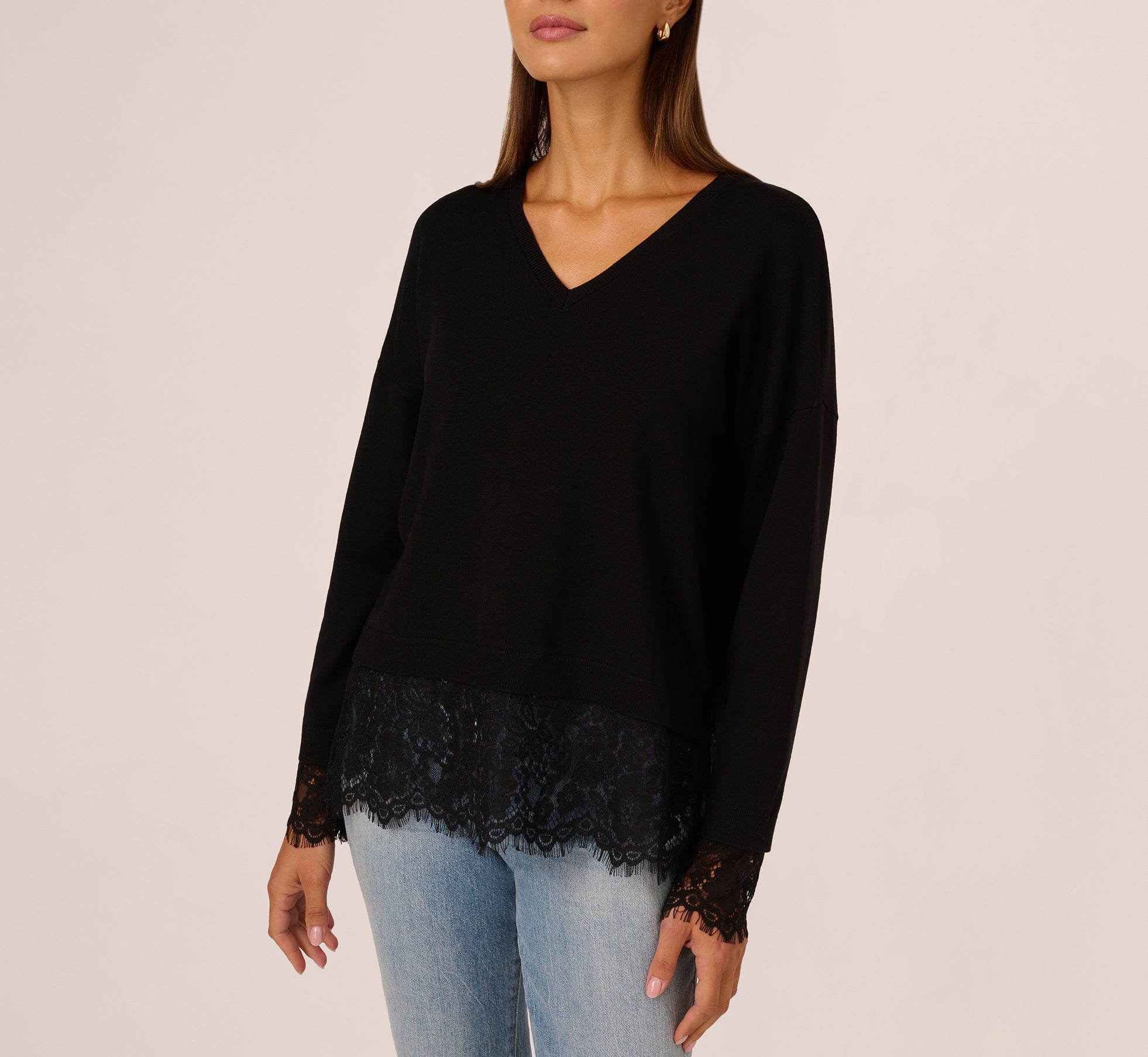 Black V-Neck Lace Combo Sweater Set - Women's Elegant Knitwear for Office, Date Night & Special Occasions