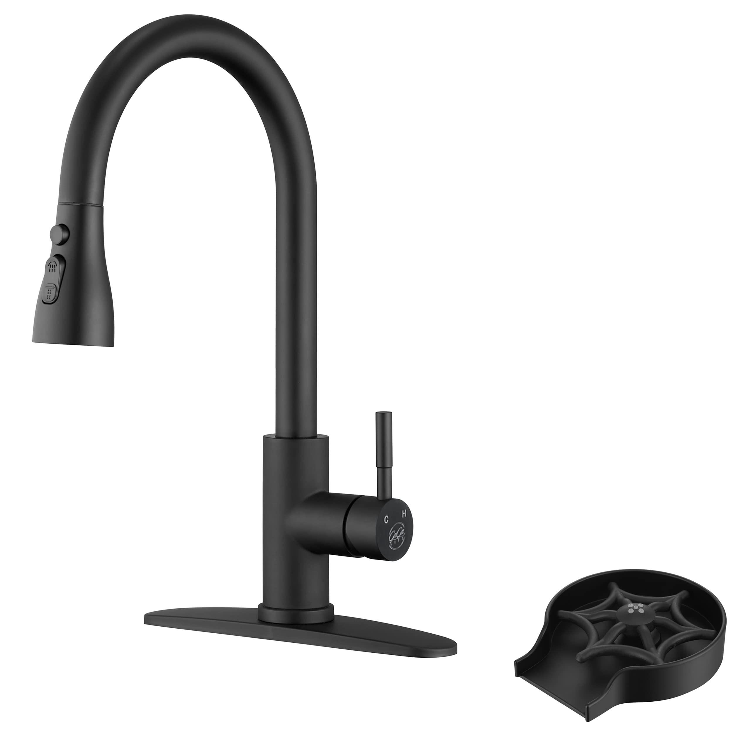 Matte Black Pull Down Kitchen Faucet with Glass Rinser - High Arc 3-Function Kitchen Sink Faucet with Pull Down Sprayer, Stainless Steel Single Hole Single Handle Pull Out Faucet for Modern Home & Restaurant Use