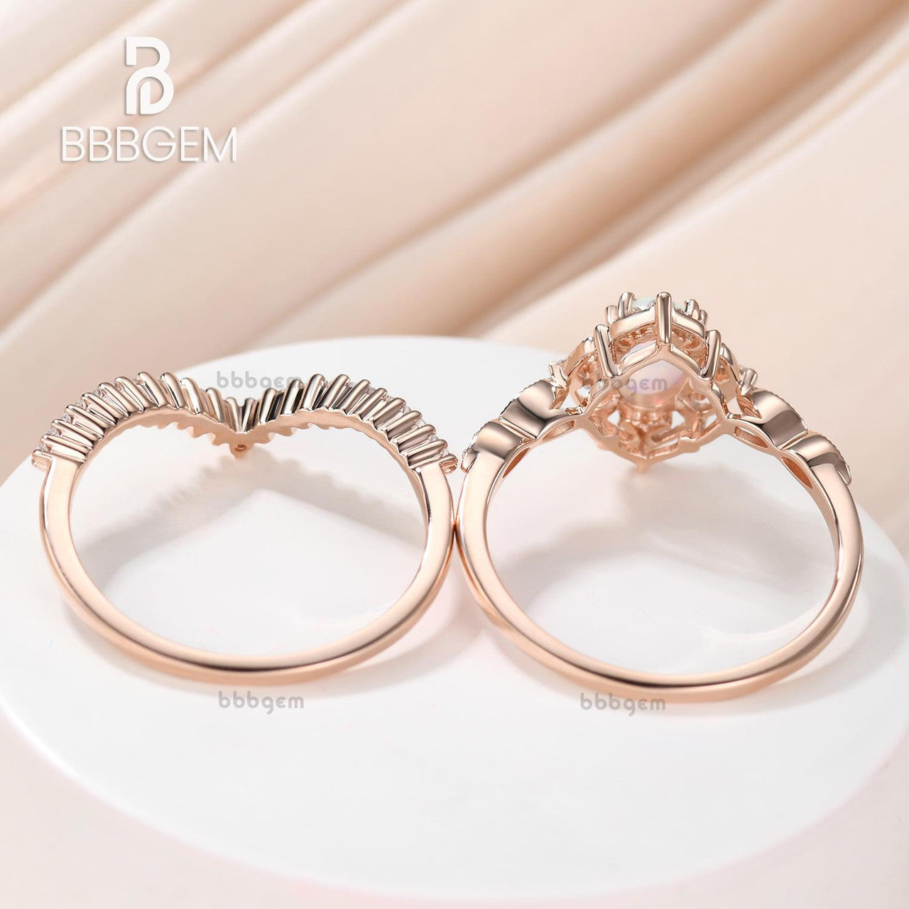 Vintage Art Deco Opal Bridal Ring Set - Oval Opal Engagement Ring with Rose Gold & Diamonds - Wedding & Anniversary Gift for Her - Perfect for Proposals, Bridal Jewelry & Special Occasions