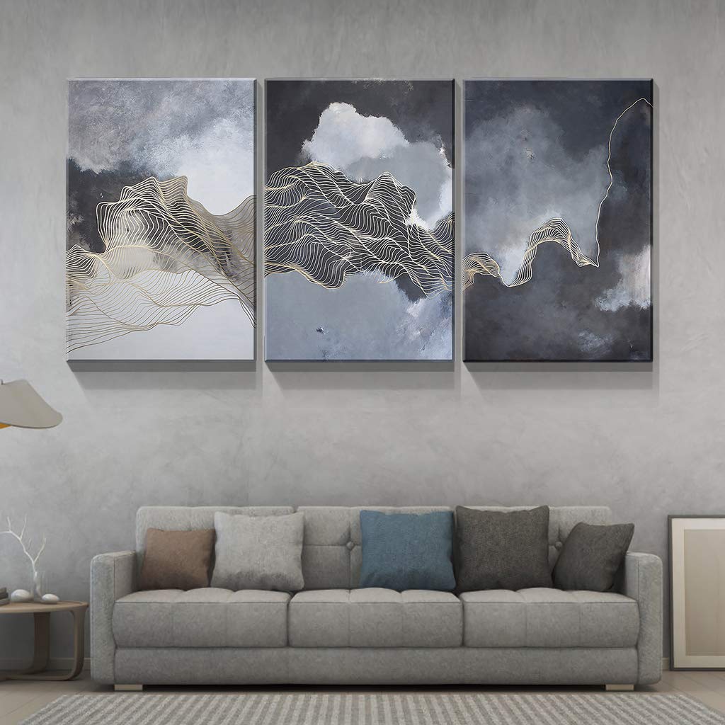 Denozer - 3 Panel Abstract Golden Line Canvas Wall Art - Stretched & Framed Ready to Hang - 24x36 Inches - Modern Home Decor for Living Room, Bedroom & Office