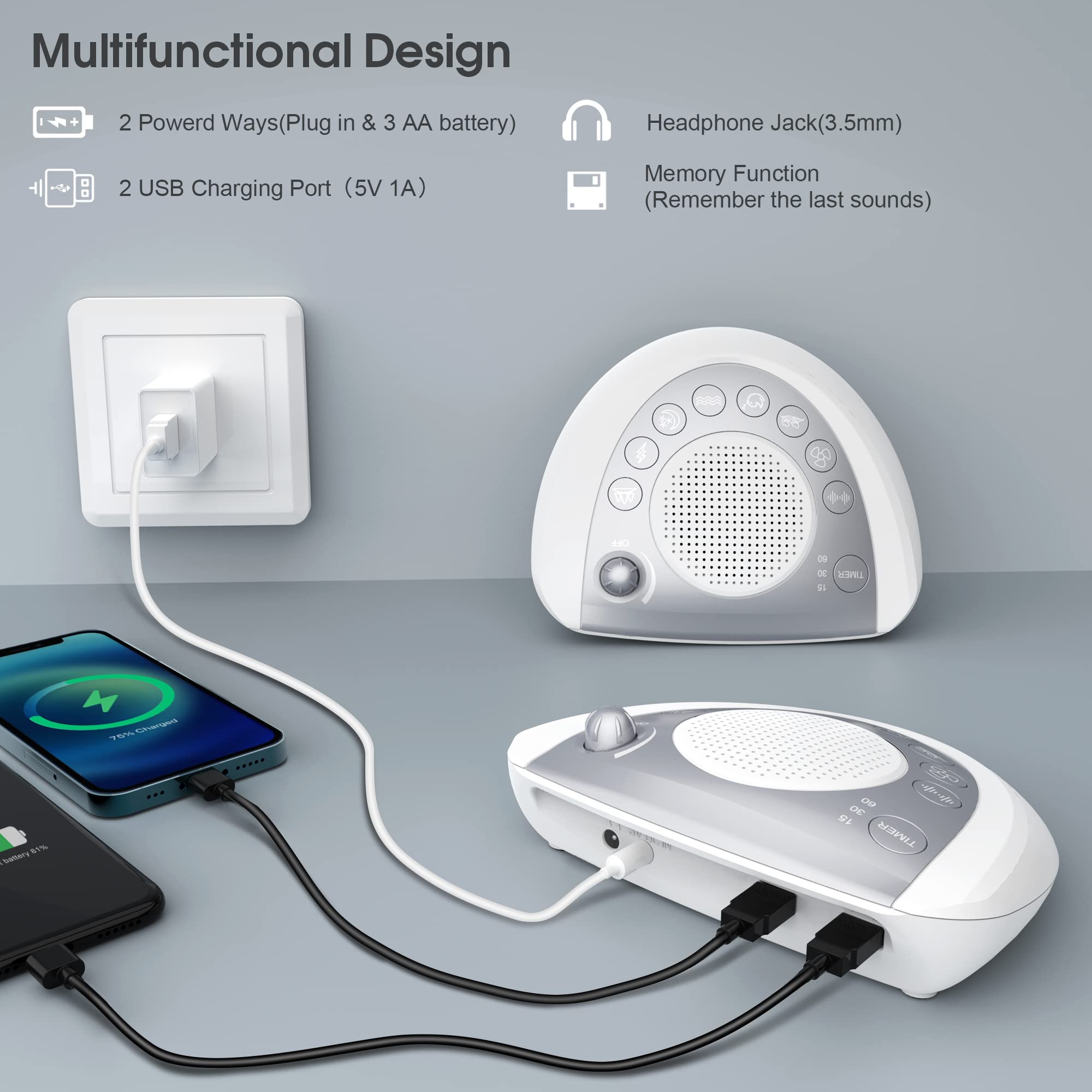 Rechargeable White Noise Machine for Adults & Portable Sound Soother - Perfect for Sleeping, Travel, and Baby Nursery (White & Silver)