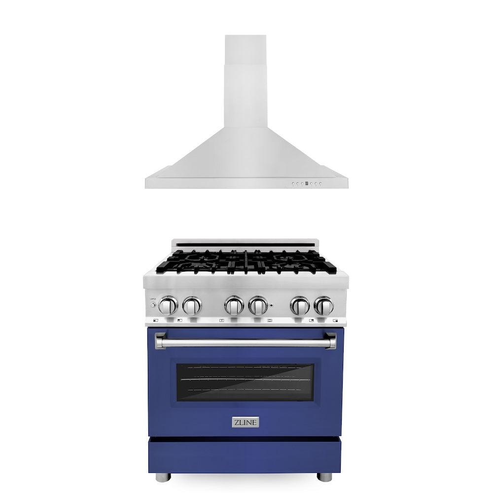 ZLINE 30 Inch Stainless Steel Dual Fuel Range with Blue Matte Door & Convertible Vent Hood - Professional Kitchen Package (2KP RABMRH30) | Perfect for Home Chefs & Modern Kitchens