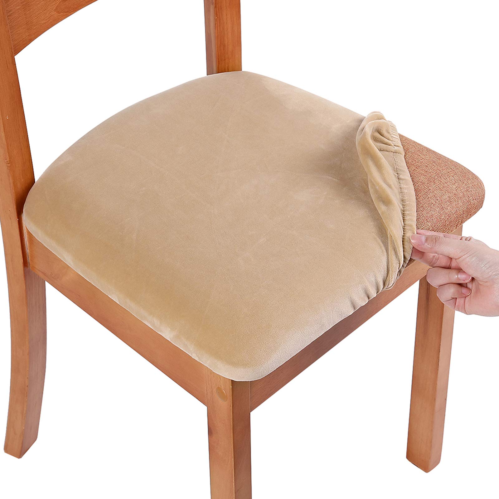 Smiry Original Velvet Dining Chair Seat Covers - Stretch Fitted Upholstered Cushion Cover Set of 2, Beige - Washable Furniture Protector Slipcovers with Ties for Dining Room, Kitchen, Living Room & Office Chairs