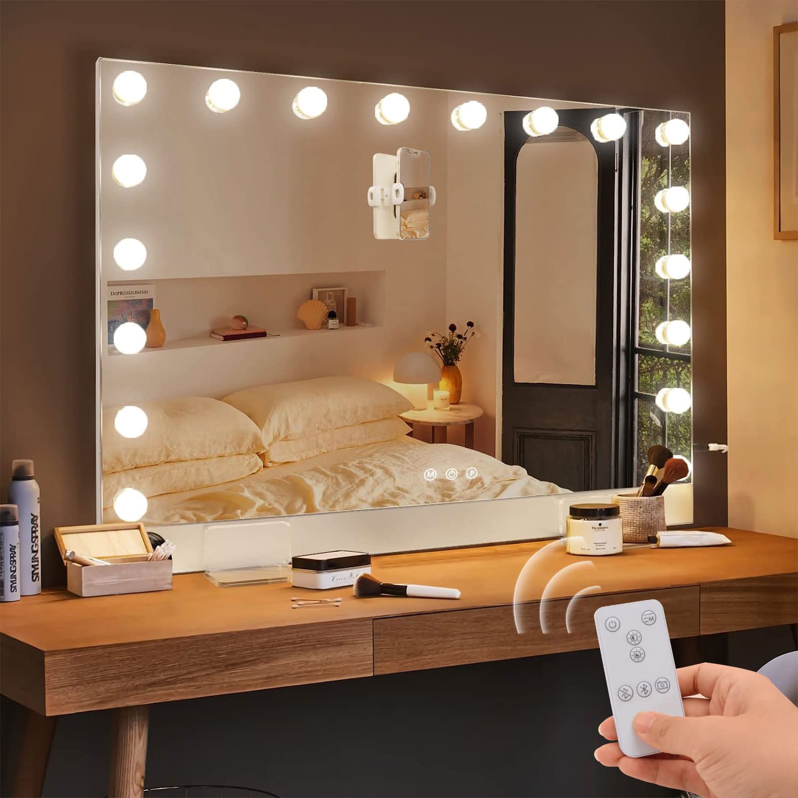 COOLJEEN 32x24 Inch Ultra-Thin Hollywood Vanity Mirror with 18 LED Lights, Selfie Remote Control & Magnetic Phone Holder - Large Wall Mount or Tabletop Makeup Mirror for Dressing Room, Bedroom, and Professional Makeup Studio