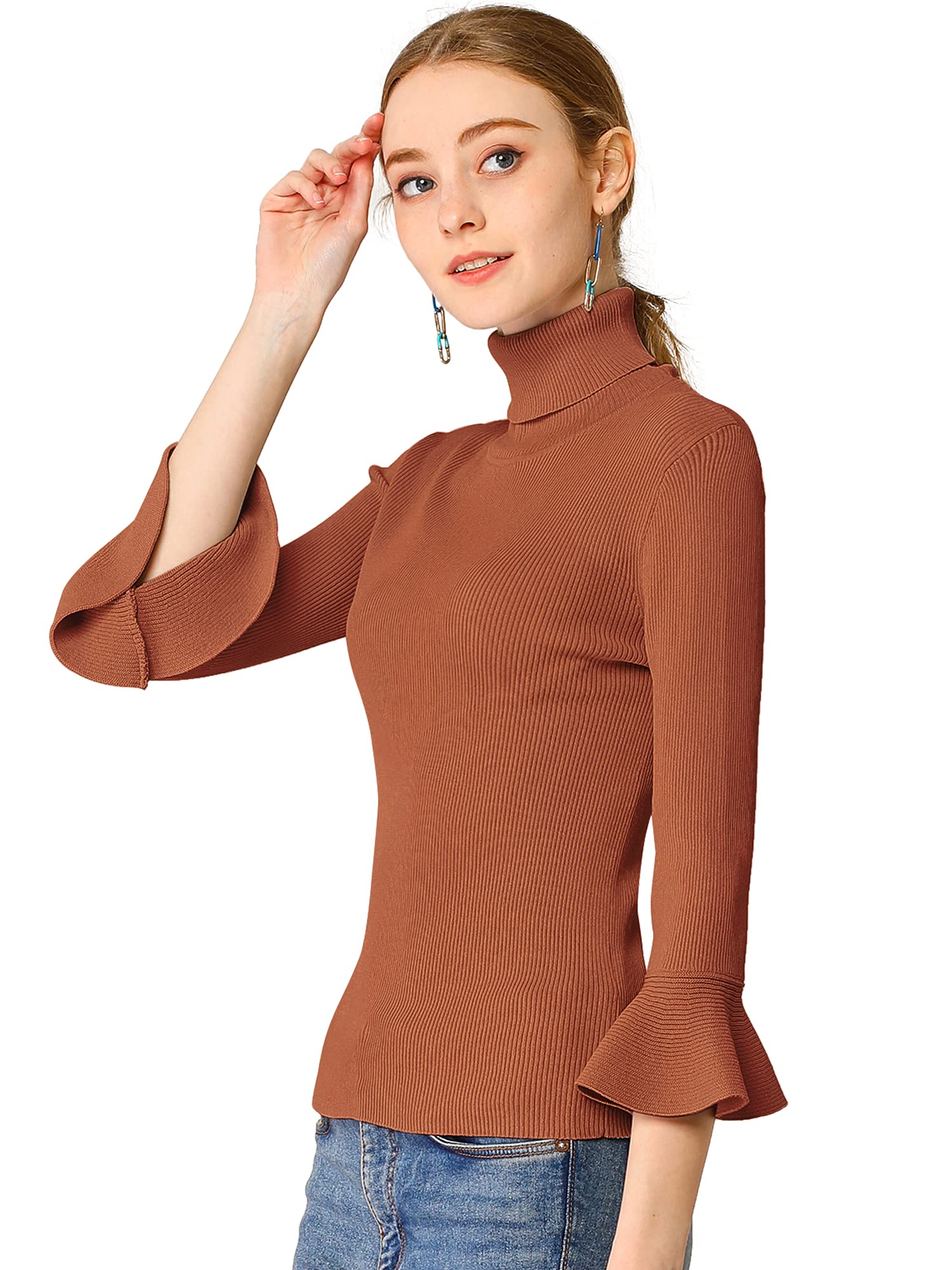 Allegra K Women's Slim Fit 3/4 Sleeve Turtleneck Knit Pullover Sweater - Casual Winter Warm Tops for Office, Dating & Fall Outfits