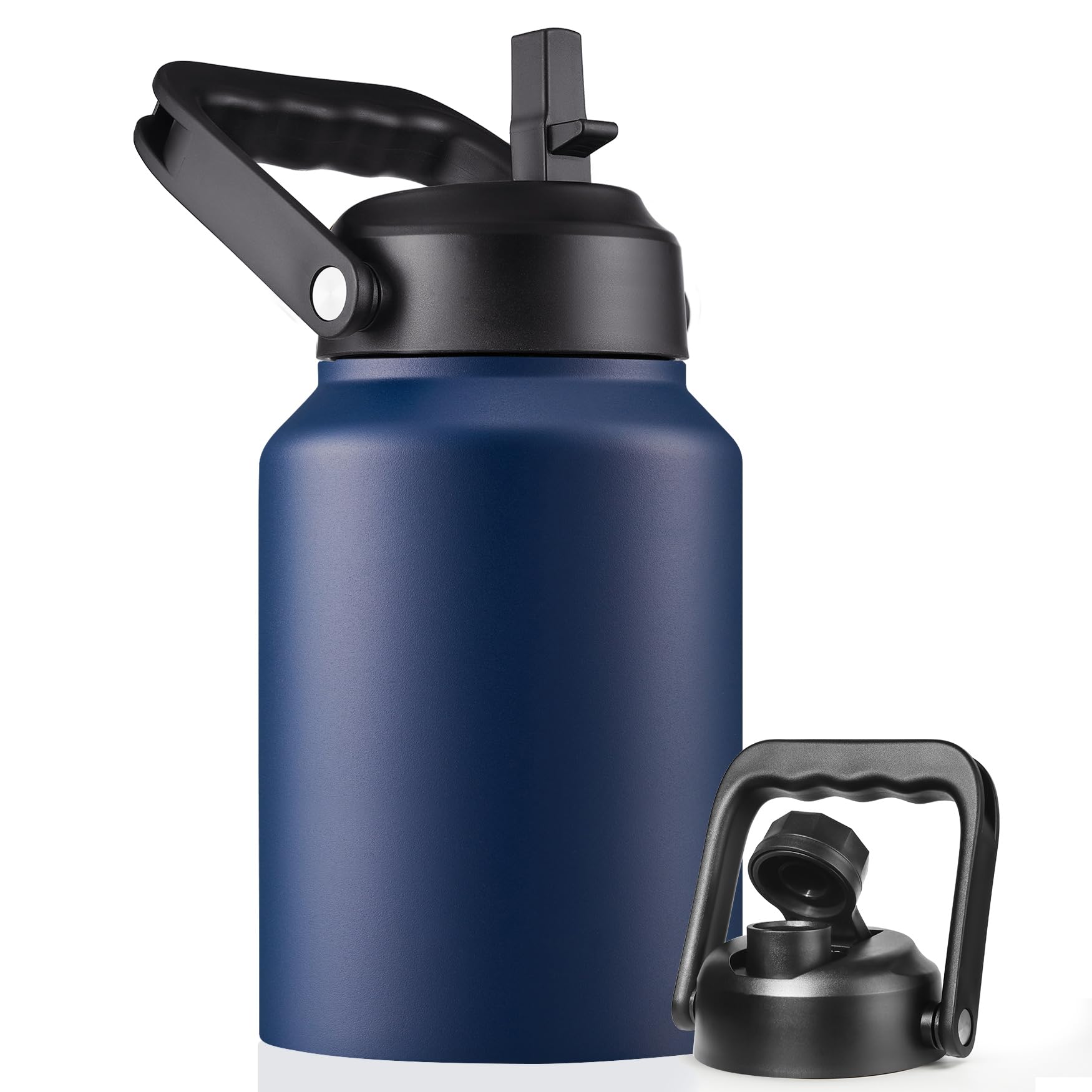 64 oz Stainless Steel Insulated Water Bottle with Straw & Handle - Half Gallon Large Thermal Flask for Sports, Gym, Hiking & Outdoor Activities - Navy Blue with 2 Lids