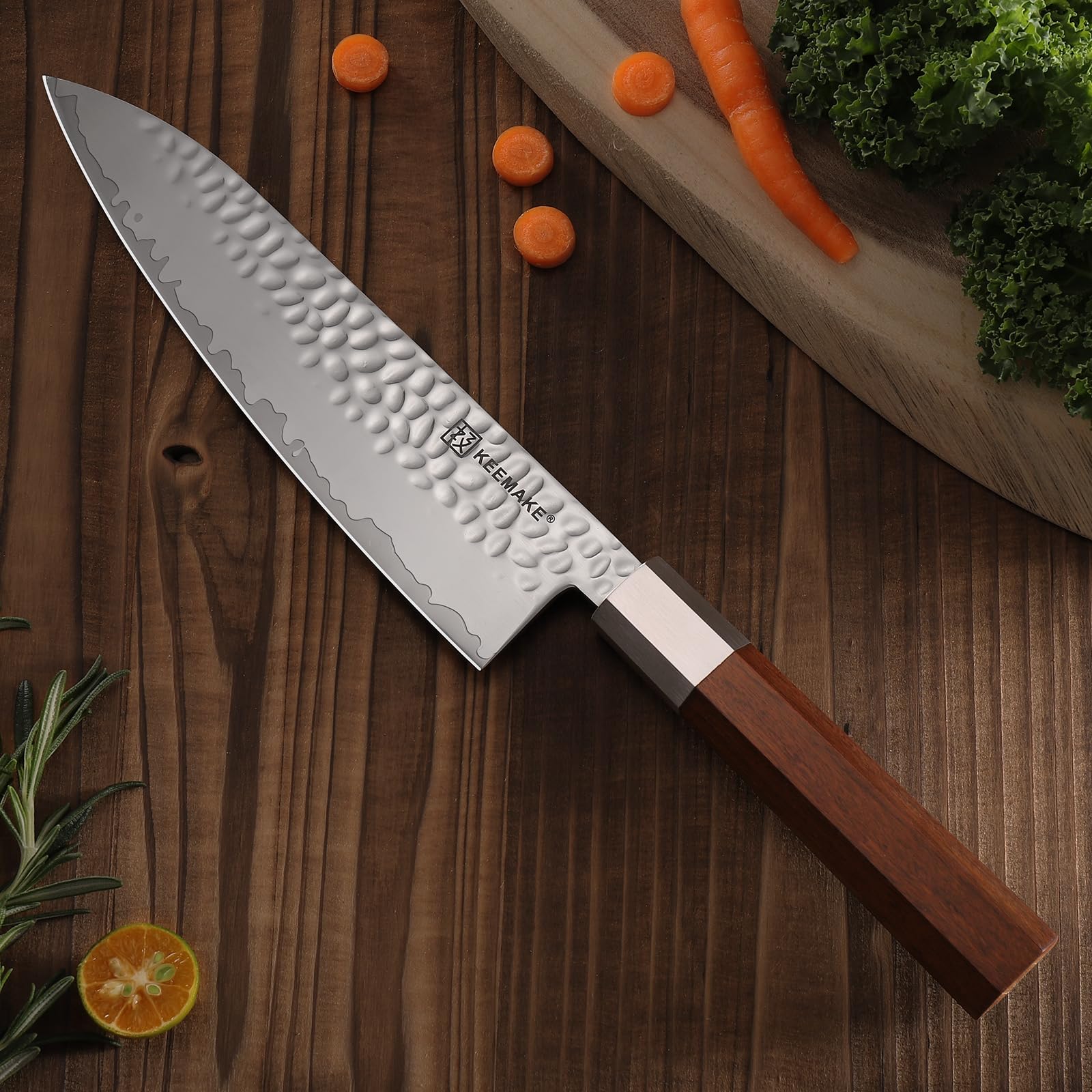 KEEMAKE 8 Inch Gyuto Japanese Chef Knife - Hand Forged 3-Layer 9CR18MOV High Carbon Steel Kitchen Knife with Octagonal Rosewood Handle - Perfect for Slicing, Dicing & Precision Cooking in Professional & Home Kitchens
