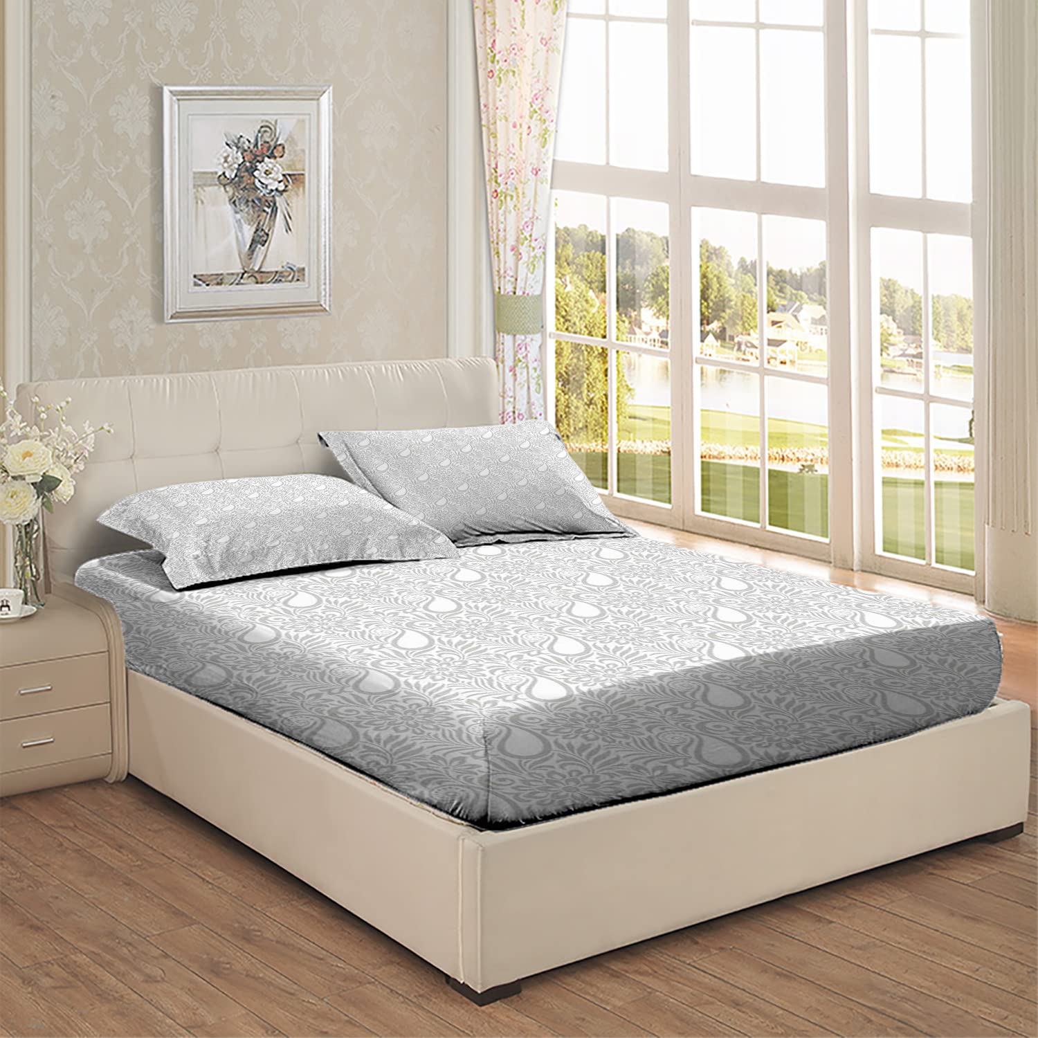 Paisley King Fitted Sheet & Pillow Sham Set - Abstract Floral Leaf Pattern 3-Piece Bedding Decor, Deep Pocket Sheets (White) | Perfect for Master Bedroom, Guest Room & Bohemian Home Decor