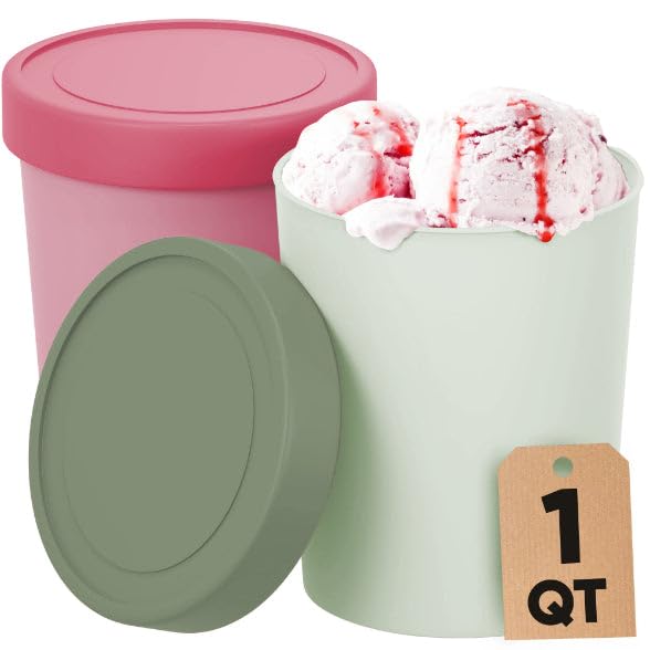 Starpack 'Freeze the Day' 1 Quart Reusable Ice Cream Storage Containers with Leak-Proof Silicone Lids (2-Pack) - Perfect for Homemade Ice Cream, Gelato, Sorbet & Frozen Desserts - Ideal for Kitchen Storage, Meal Prep & Party Serving