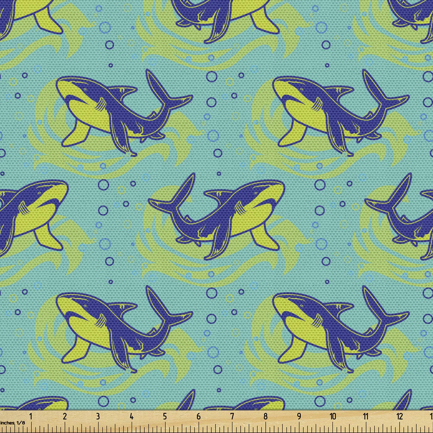 Ambesonne Deep Sea Sharks Swimming Ocean Bubbles Fabric by The Yard - 10 Yards Seafoam Green & Indigo Decorative Upholstery Fabric for Sofa, Curtains, Pillows | Underwater Theme Home Decor & Marine Nursery Design