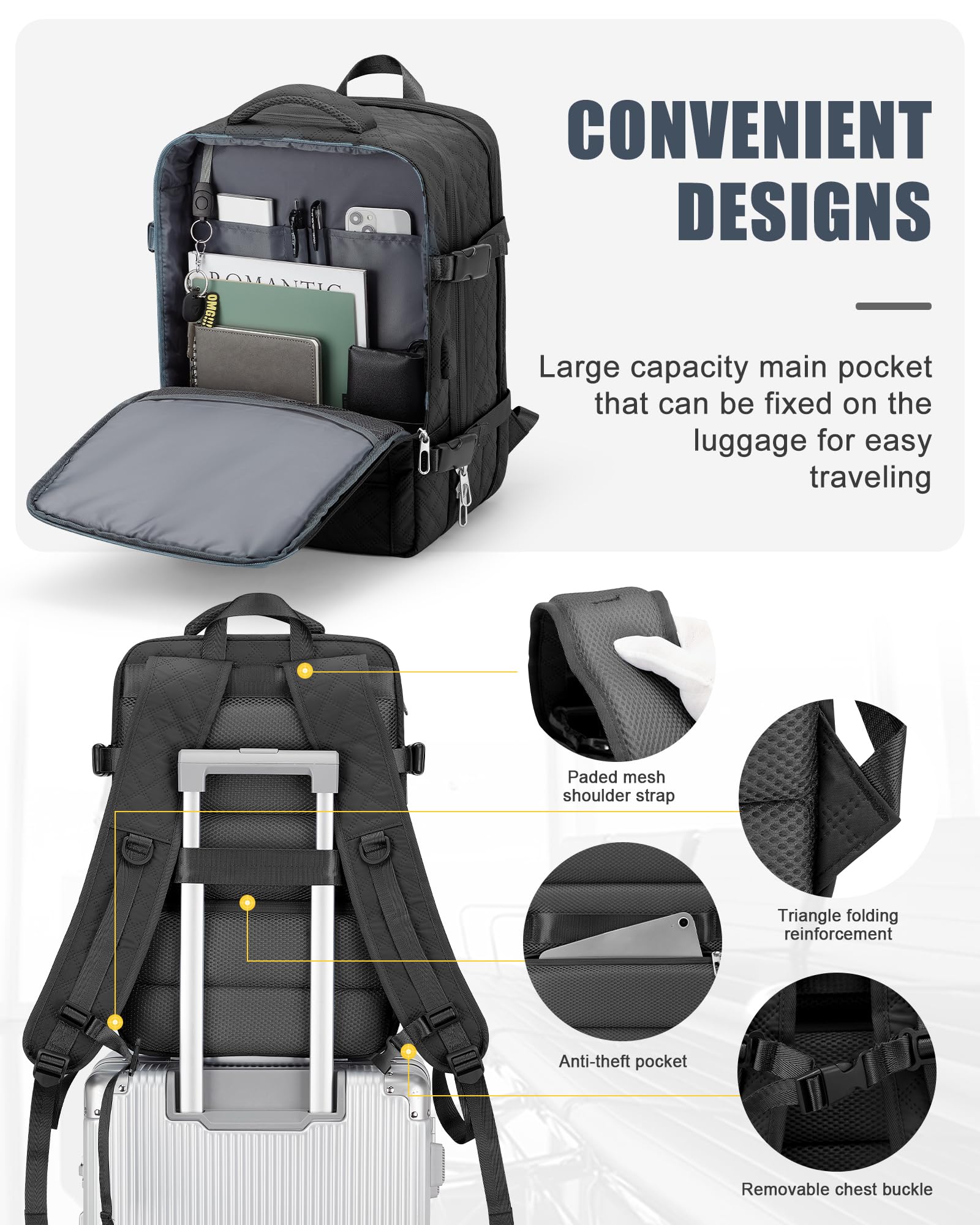 VGCUB Expandable Travel Backpack for Women & Men - Airline Approved Carry On Backpack with Waterproof Laptop Compartment - Perfect for Gym, Hiking, College, Work & Daily Use - Casual Daypack Rucksack in Black