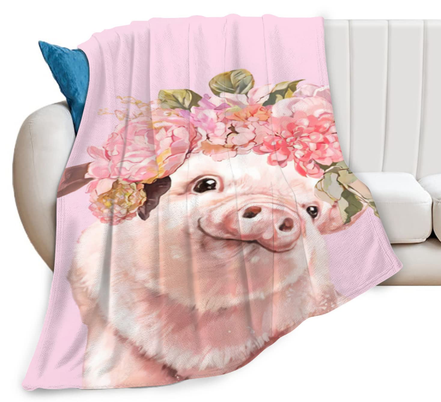 Soft Pink Pig & Roses Fleece Throw Blanket - Ultra Cozy Microfiber Blanket for Kids, Bed, Couch & Living Room - Perfect for Snuggling, Gifts & Nursery Decor
