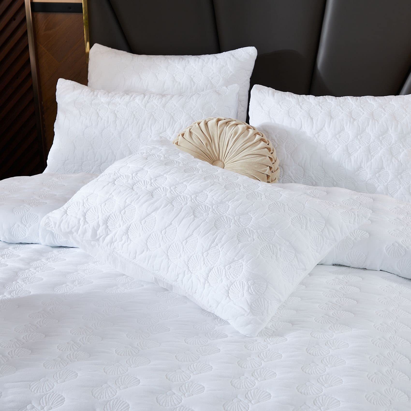 Brandream White Seashell Quilted King Size Pillowcase Set (2 Pack) - Soft 100% Cotton Nautical Decorative Pillow Covers for Bed, Sofa & Coastal Home Decor