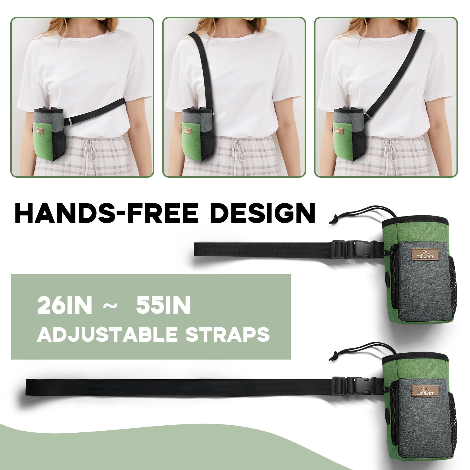 Premium Dog Treat Pouch - Large Capacity Pet Training Bag with Fashionable Green & Grey Design - Perfect for Dog Walks, Outdoor Adventures, Travel & Obedience Training - Includes Free Poop Bags - Ideal for Hiking, Park Visits & Daily Dog Care