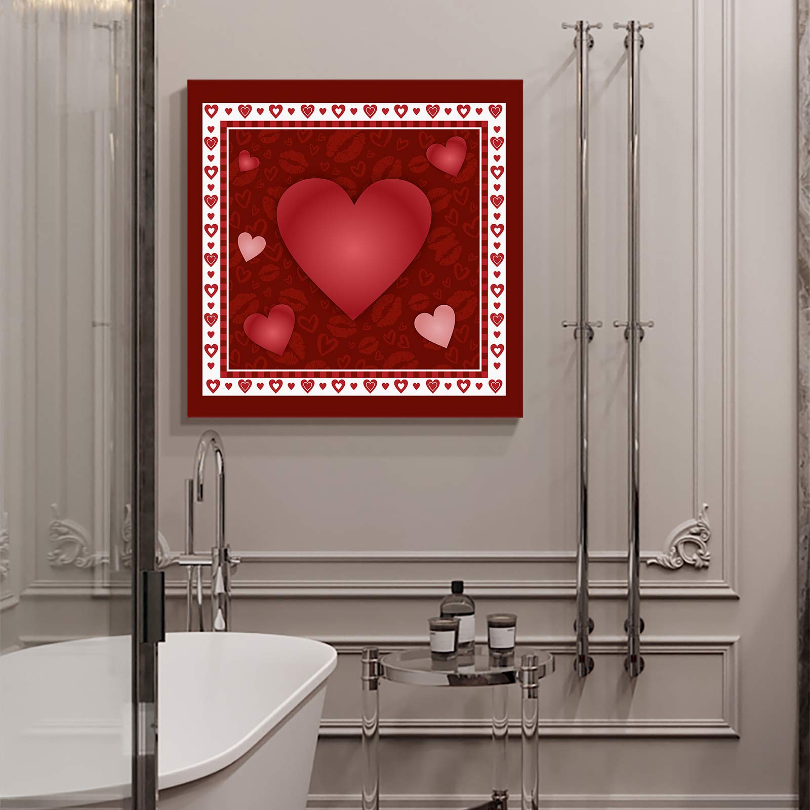 Savannan Valentine's Day Heart Lip Print Canvas Wall Art - 28x28 Inch Burgundy Framed Oil Painting with White Border - Romantic Home Decor for Living Room, Bedroom & Office - Perfect Gift for Couples & Anniversary