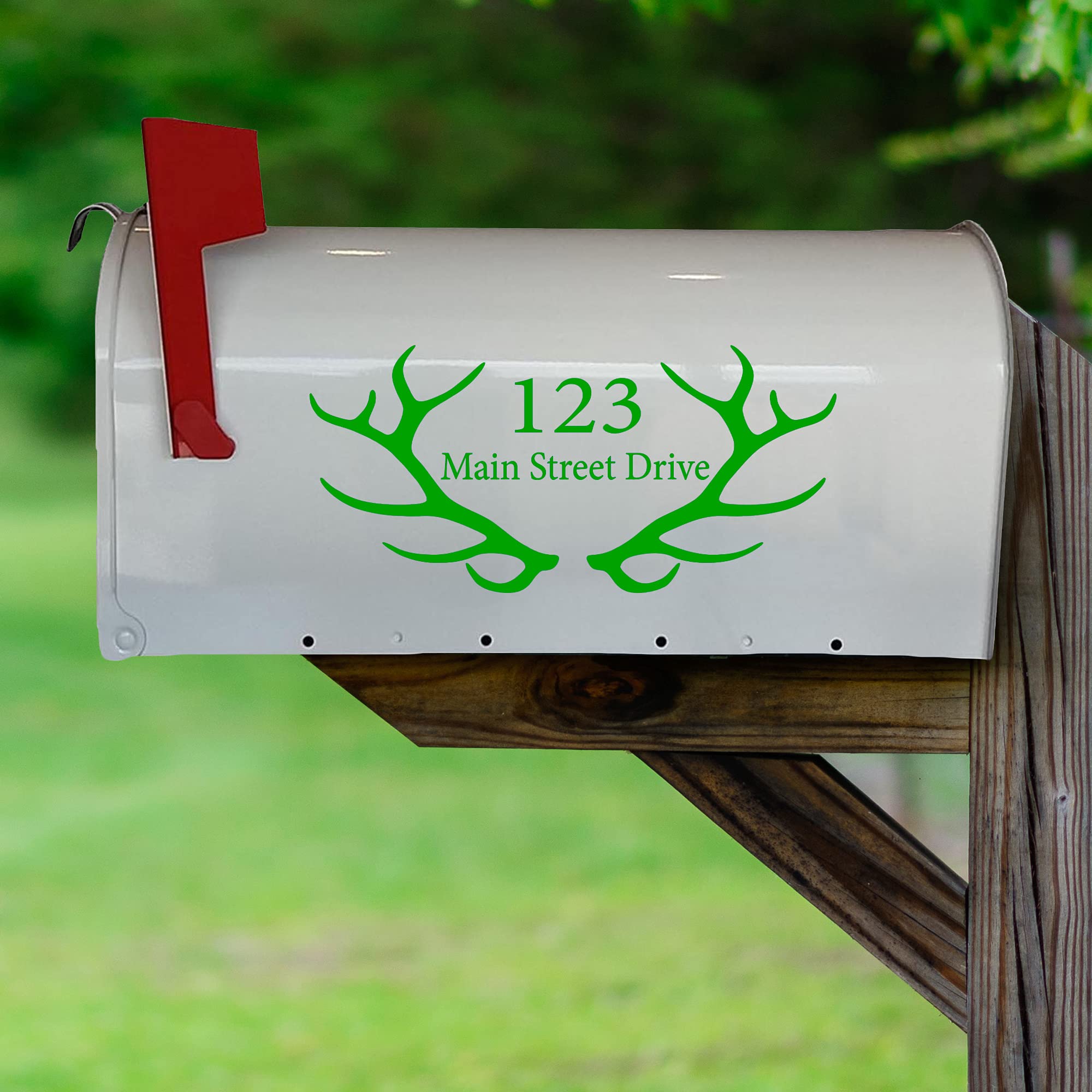 VWAQ Custom Home Address Vinyl Stickers - Antlers Mailbox Decal Set of 2 (Green, CMB27) for Mailbox Decoration & House Number Signs