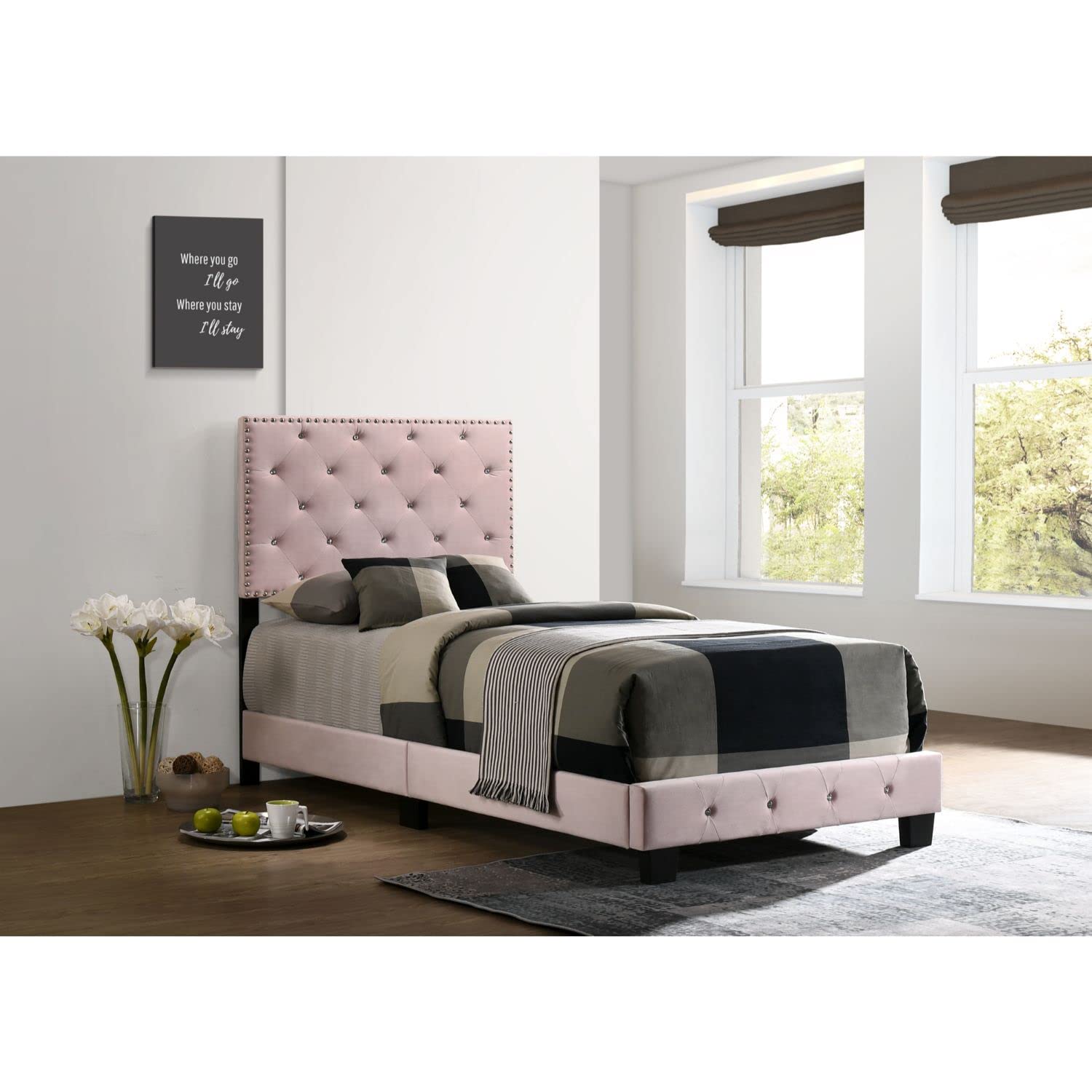 Modern Pink Twin Panel Bed - Stylish Indoor Bedroom Furniture for Small Spaces | Perfect for Kids' Rooms, Guest Beds & Cozy Apartments