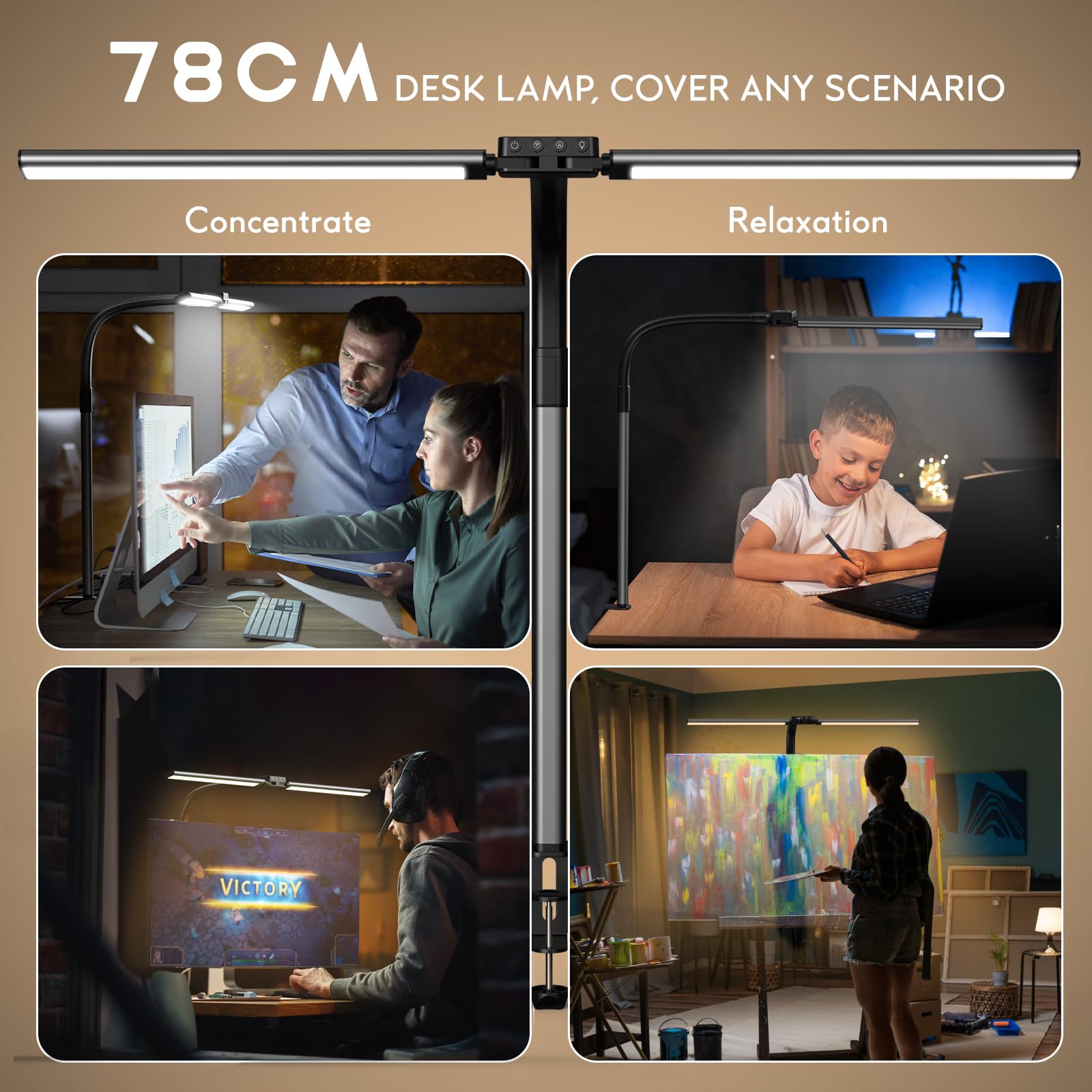Quntis 32-inch Double LED Desk Lamp with Clamp - 24W Dimmable Touch Control Office Light, Flexible Swan Neck for Reading, Studying, and Architectural Work - Perfect for Home Office, Study Room, and Workspace