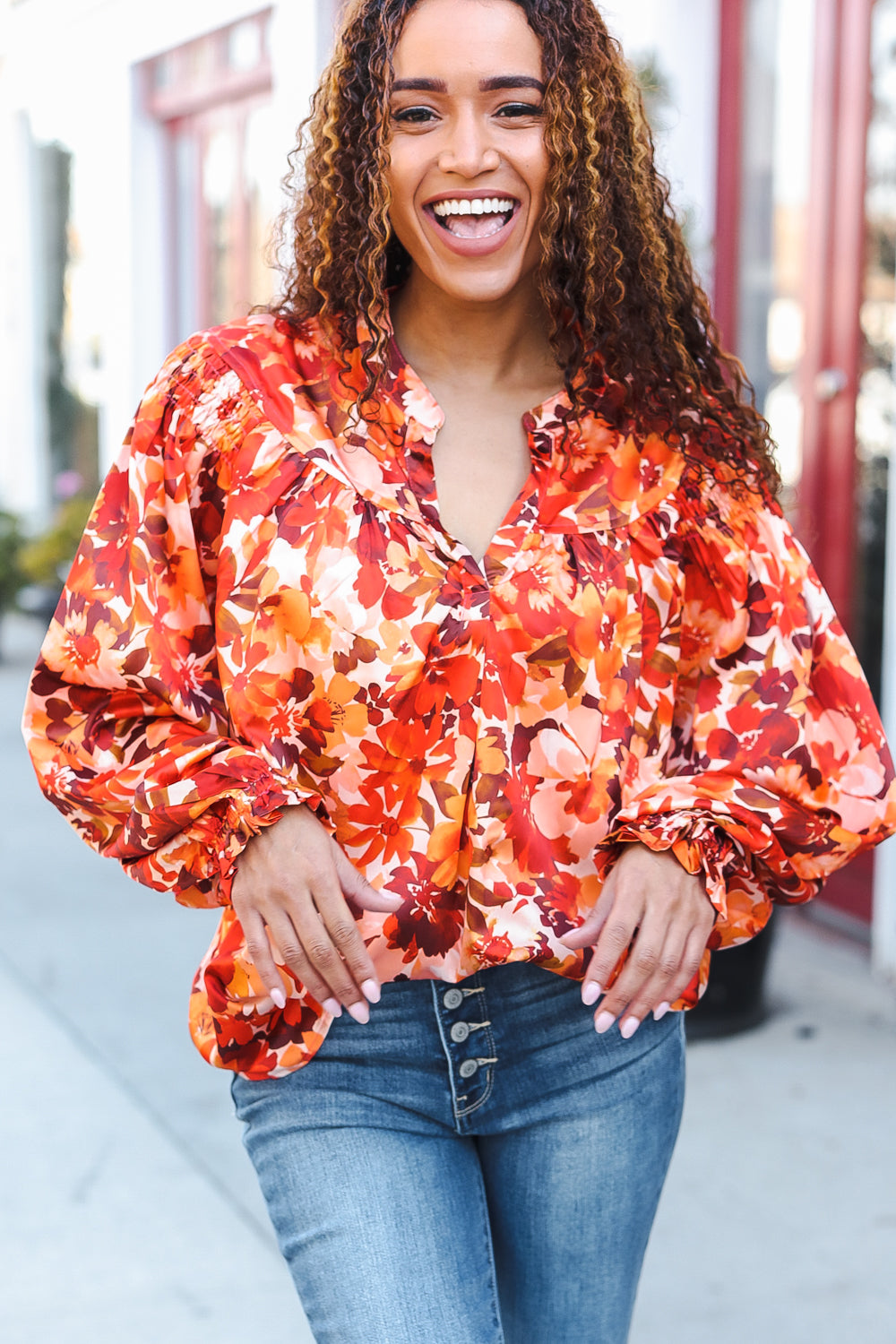 Fall Vibes Rust Floral Print Notched Neck Smocked Satin Blouse - Elegant Women's Tops for Autumn Outfits, Date Nights & Office Wear