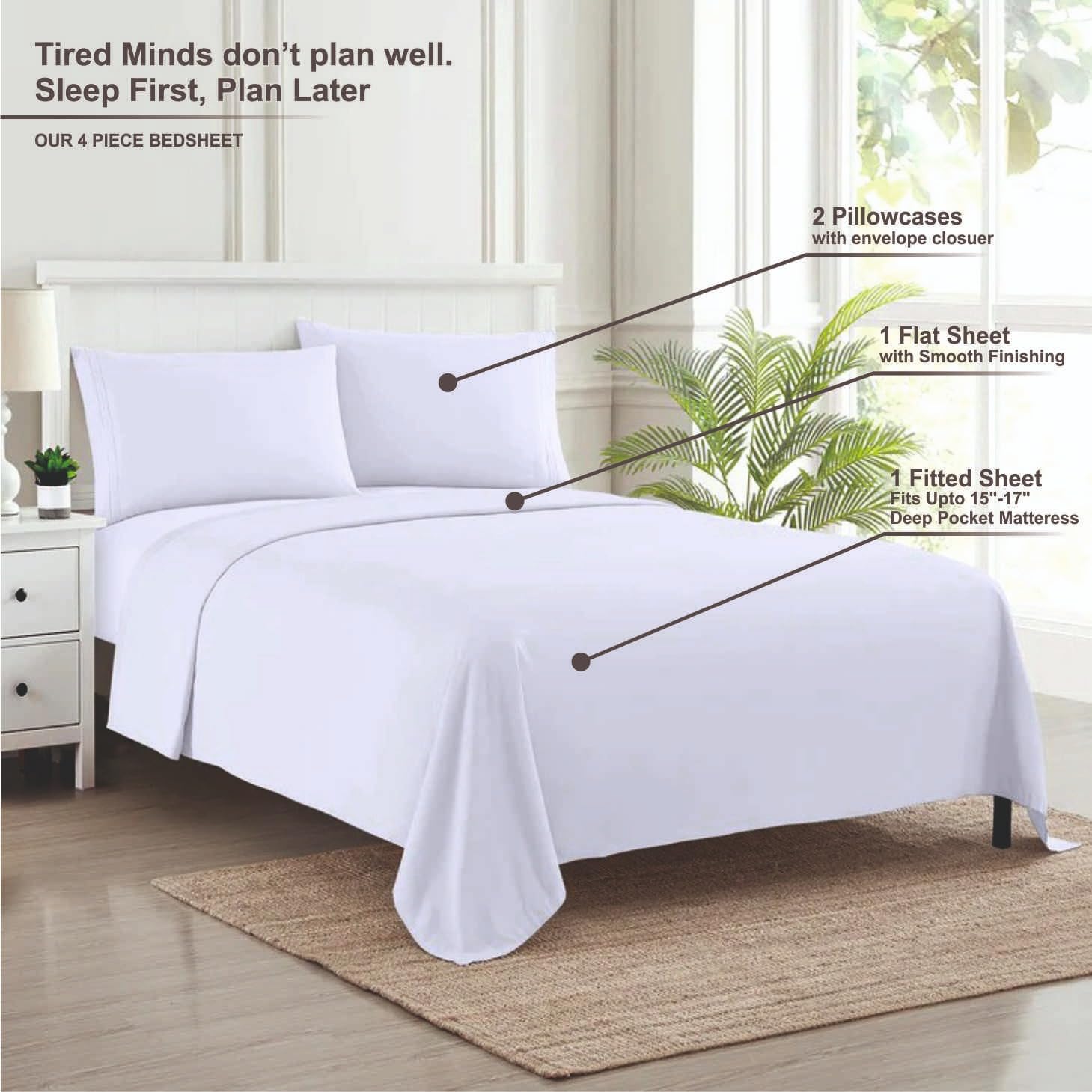 Luxury 1000 Thread Count 100% Egyptian Cotton Queen Sheet Set - 4 Piece White Bedding with 18