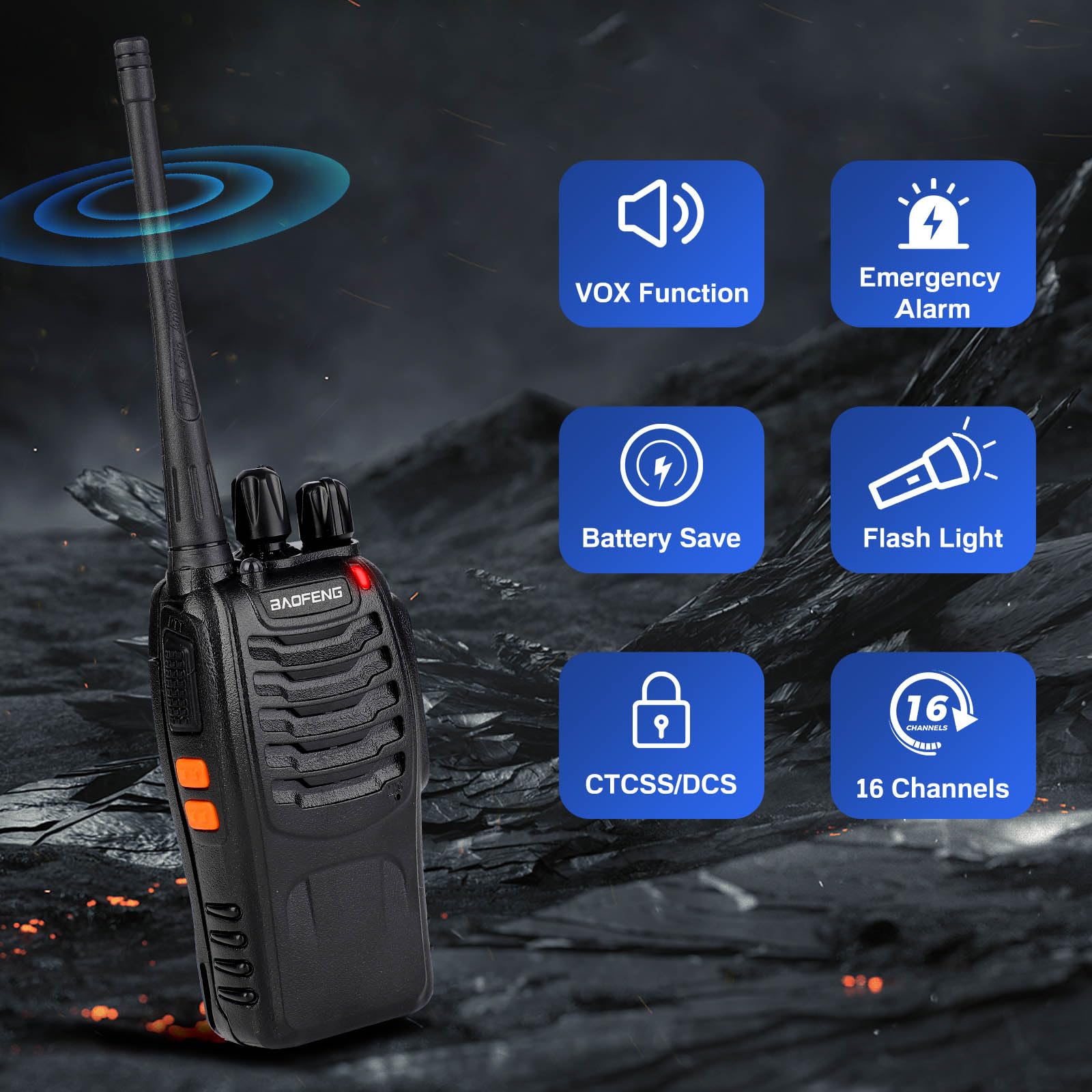 Baofeng UV-5R 888S Long Range Walkie Talkies for Adults - 16 Channel Rechargeable Two Way Radios with Li-ion Battery, Charger & 6 Earpieces (6 Pack) - Ideal for Outdoor Adventures, Construction Sites, and Emergency Communication