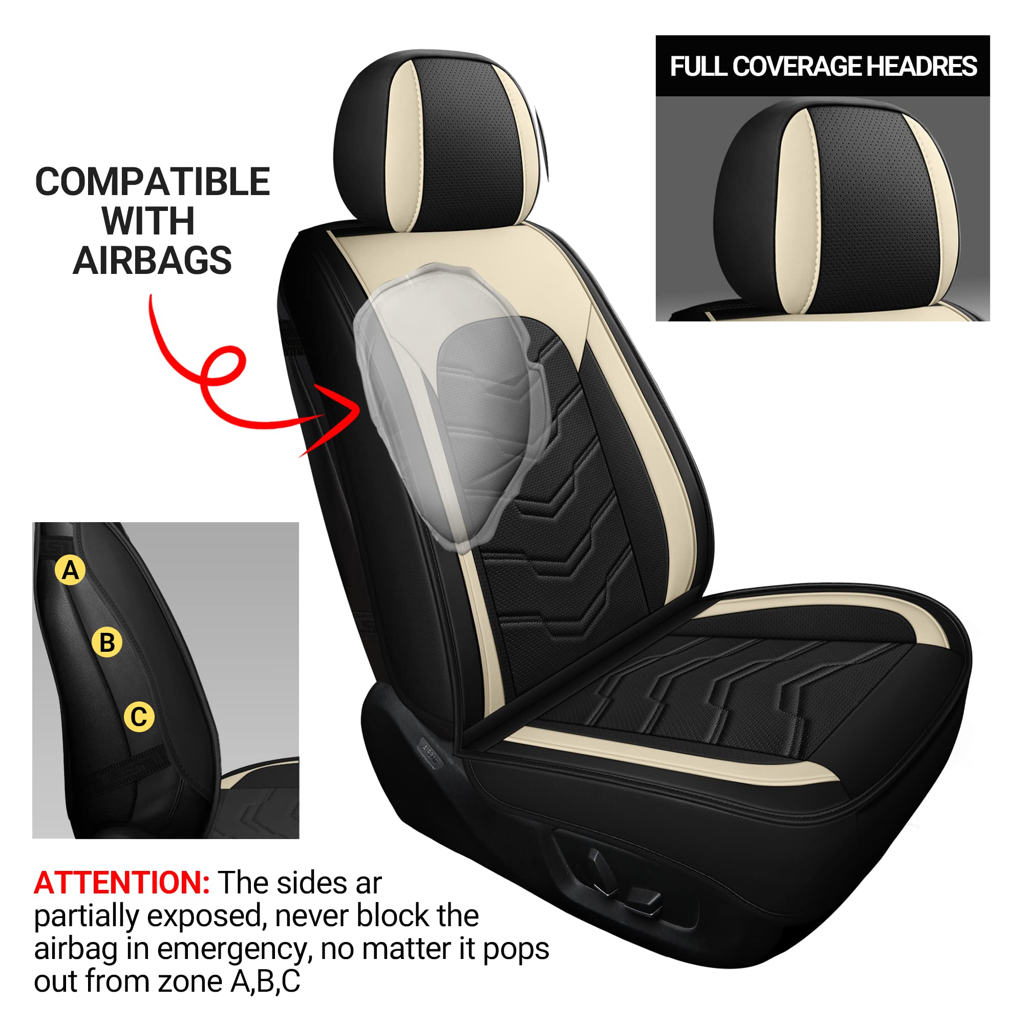 Premium 5-Piece AOOG Leather Car Seat Covers Set - Breathable Faux Leatherette, Non-Slip Waterproof Seat Protectors for Sedans, SUVs & Trucks | Airbag Compatible Beige & Black | Perfect for Daily Commute, Road Trips & Family Travel