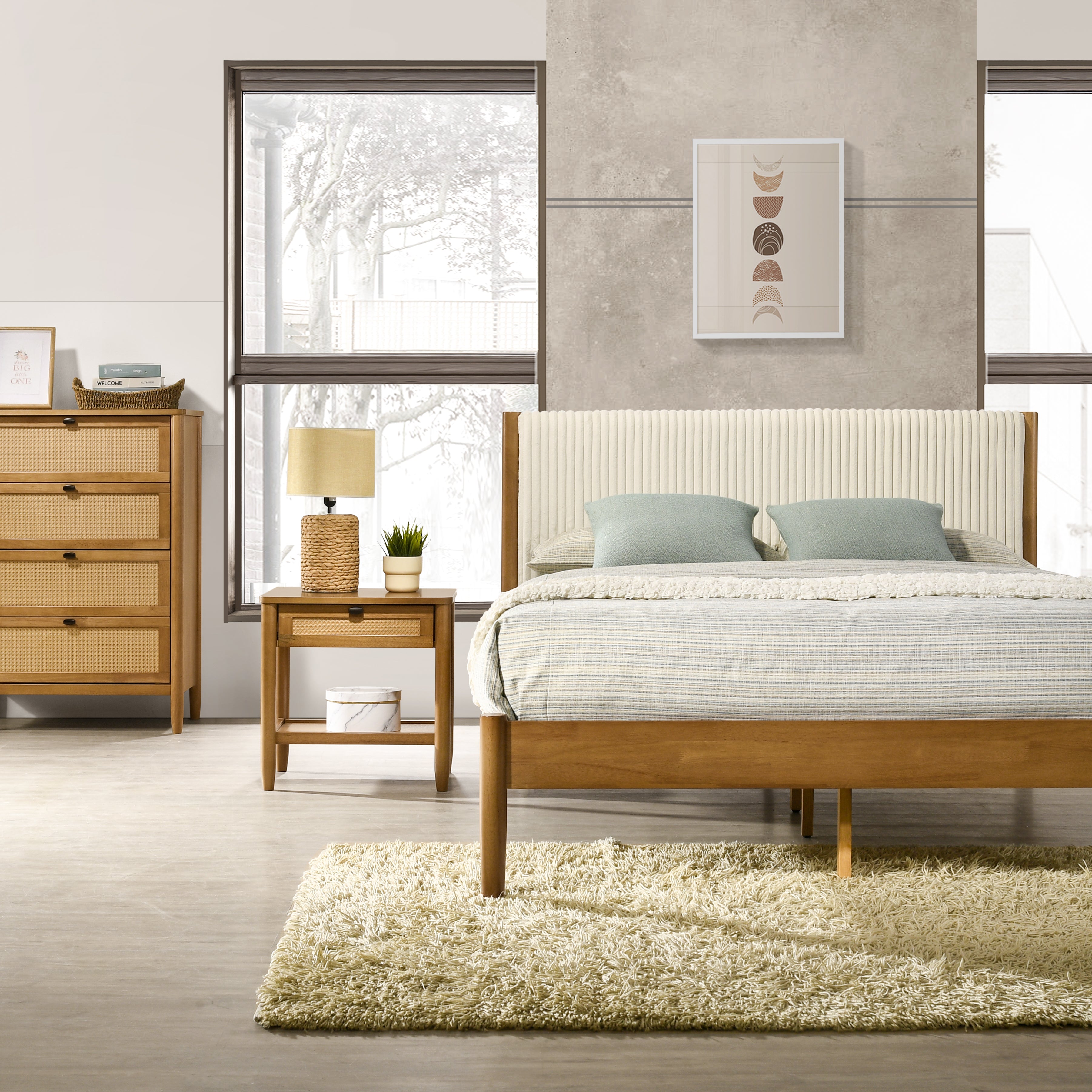 Roundhill Furniture Vichy 5-Piece Rubberwood Bedroom Set with Upholstered Queen Bed, Dresser, Mirror, Nightstand & Chest - Complete Bedroom Furniture for Master Bedroom, Guest Room or Apartment