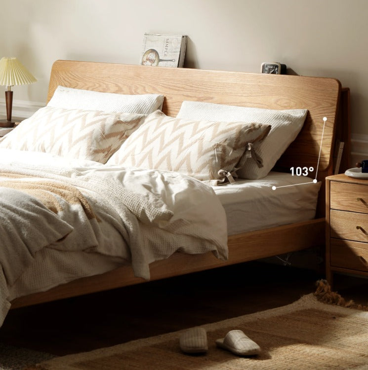 Solid Oak Wood Platform Bed with Bookshelf Headboard - Modern Bedroom Furniture for Small Spaces & Cozy Reading Nook
