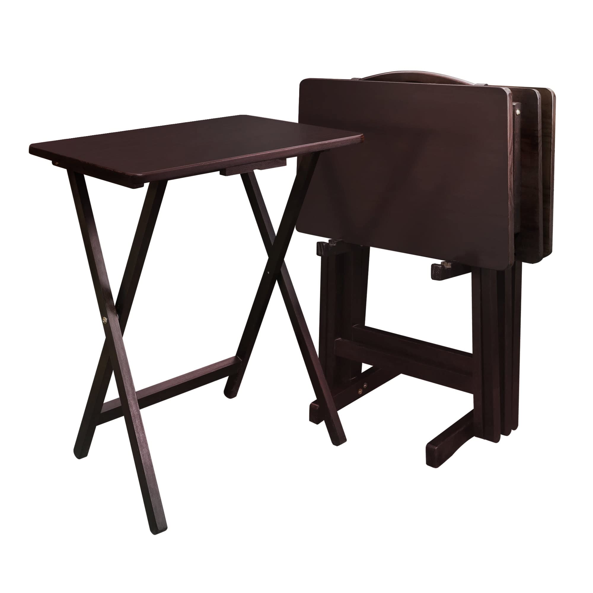 5-Piece TV Tray Table Set with 4 Trays & 1 Stand - Foldable, Lightweight & Sturdy Brown Serving Tables for Living Room, Bedroom, or Outdoor Use - Perfect for Meals, Snacks, Laptops & Crafts