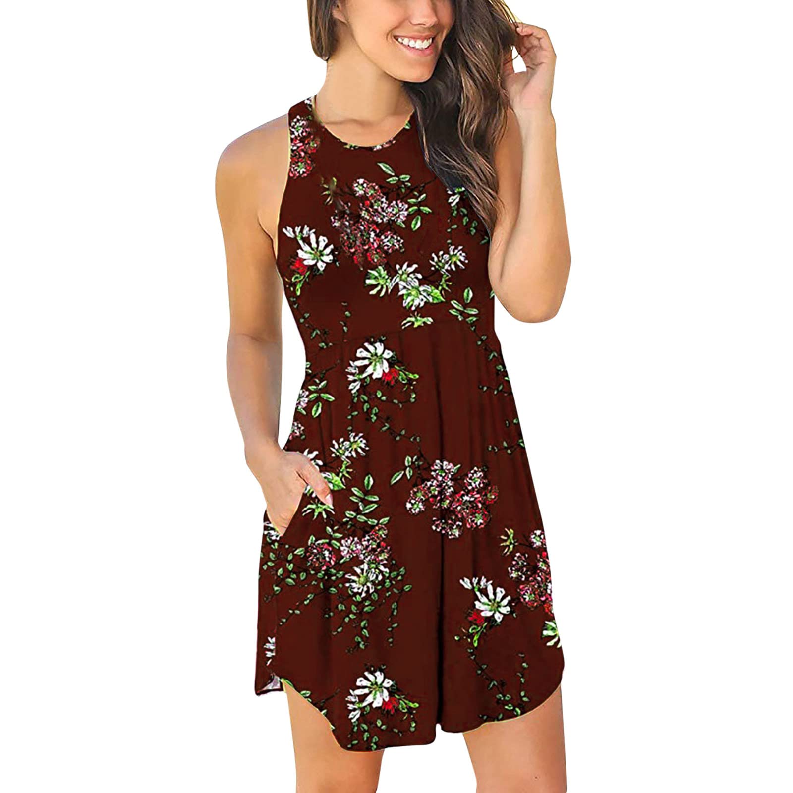 Women's Floral Print Sleeveless Summer Tank Dress with Pockets - Casual O-Neck Beach Dress for Spring & Summer Vacations, Pool Parties, and Outdoor Picnics