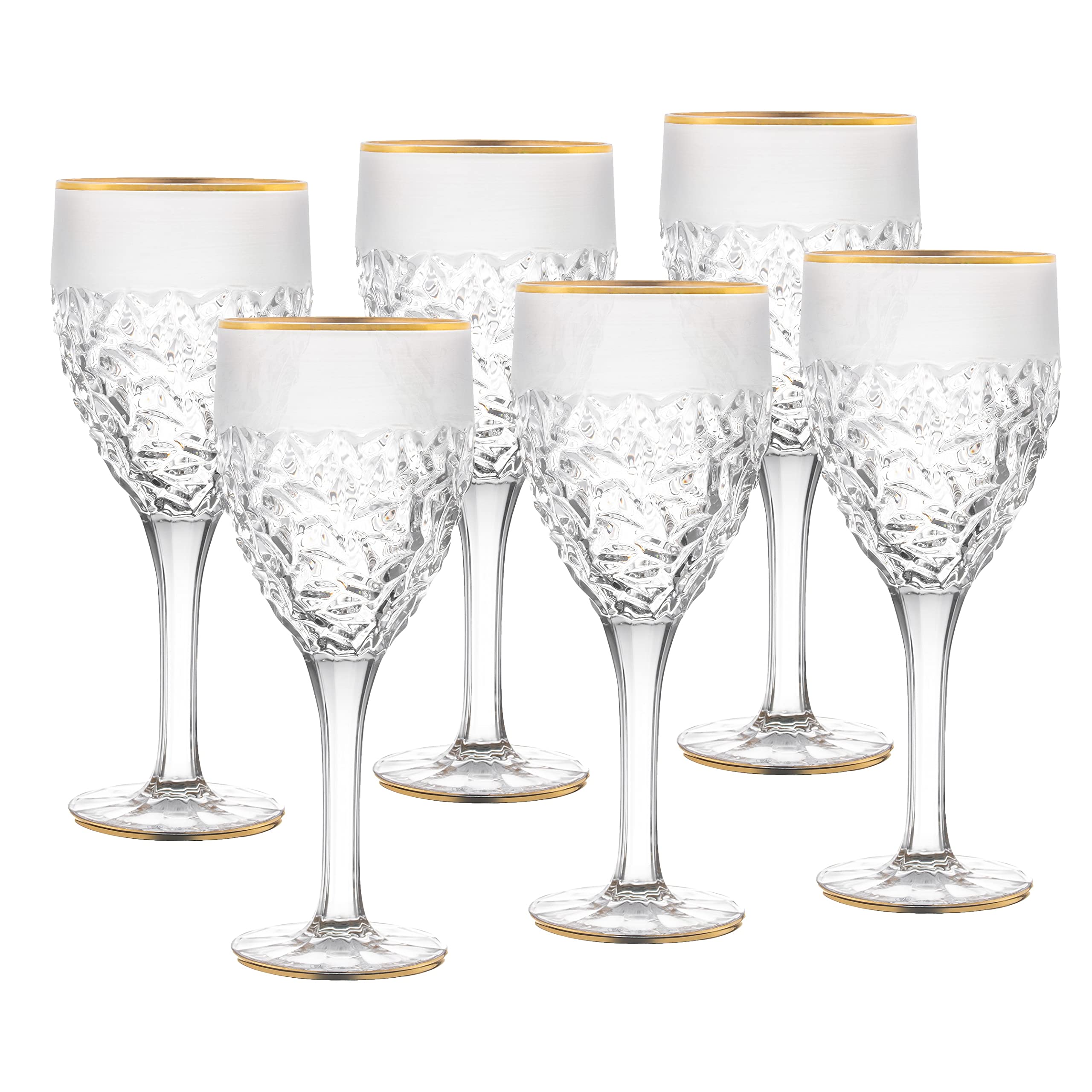 Premium 6-Piece Crystal Wine Glass Set with Frosted Border & Gold Rim - Elegant Stemmed Goblets for Red Wine, White Wine & Water - 11 oz European-Made Glassware for Dinner Parties, Weddings & Special Occasions