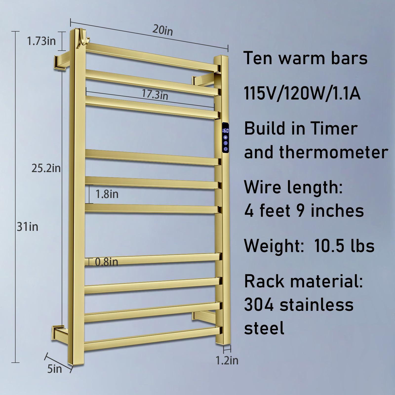 Premium Electric Towel Warmer Rack - 10-Bar Wall Mounted Heated Towel Rail with Timer & Fahrenheit Temperature Control for Bathroom - Brushed Gold Finish - Plug-in or Hardwired Installation - Perfect for Keeping Bath & Shower Towels Warm & Cozy - Ideal for Spa-Like Luxury at Home