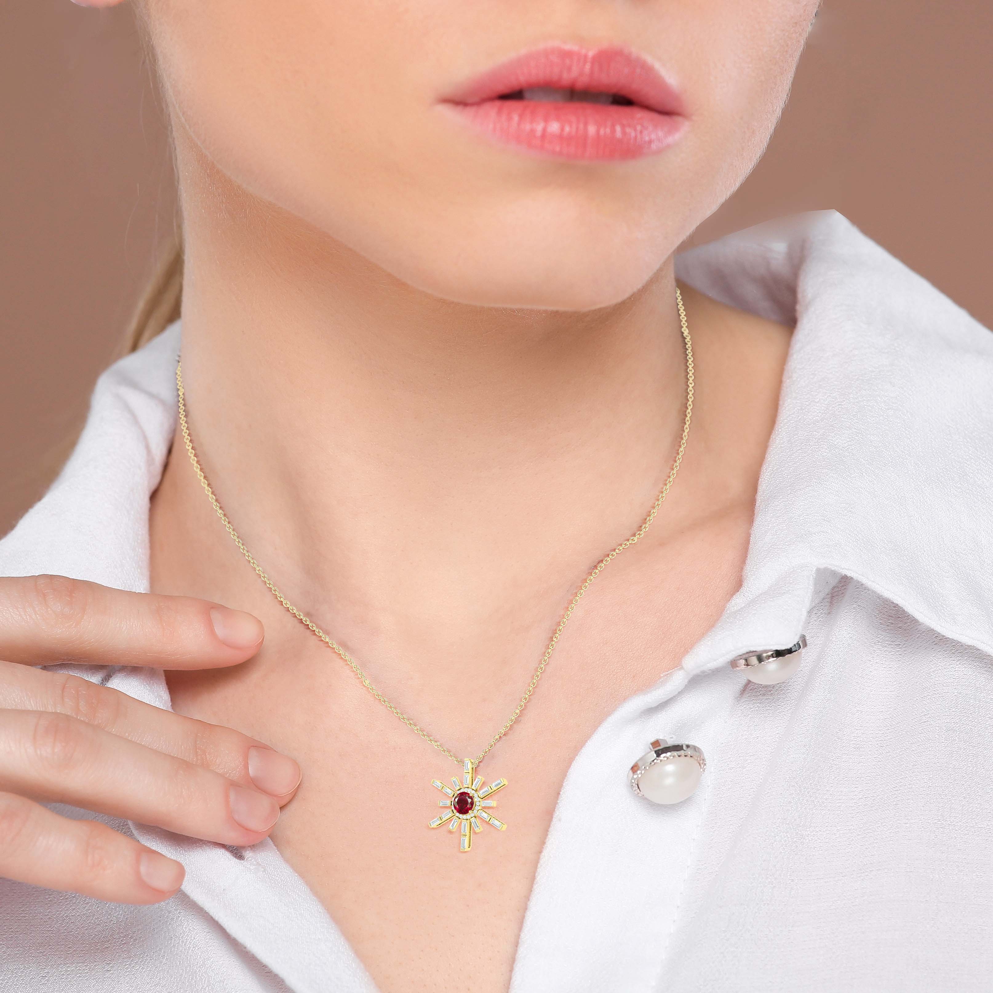Natural Ruby Sun Charm Pendant Necklace for Women - Elegant Gold Plated Jewelry Gift for Birthday, Anniversary & Special Occasions | Perfect for Everyday Wear, Date Nights & Beach Vacations