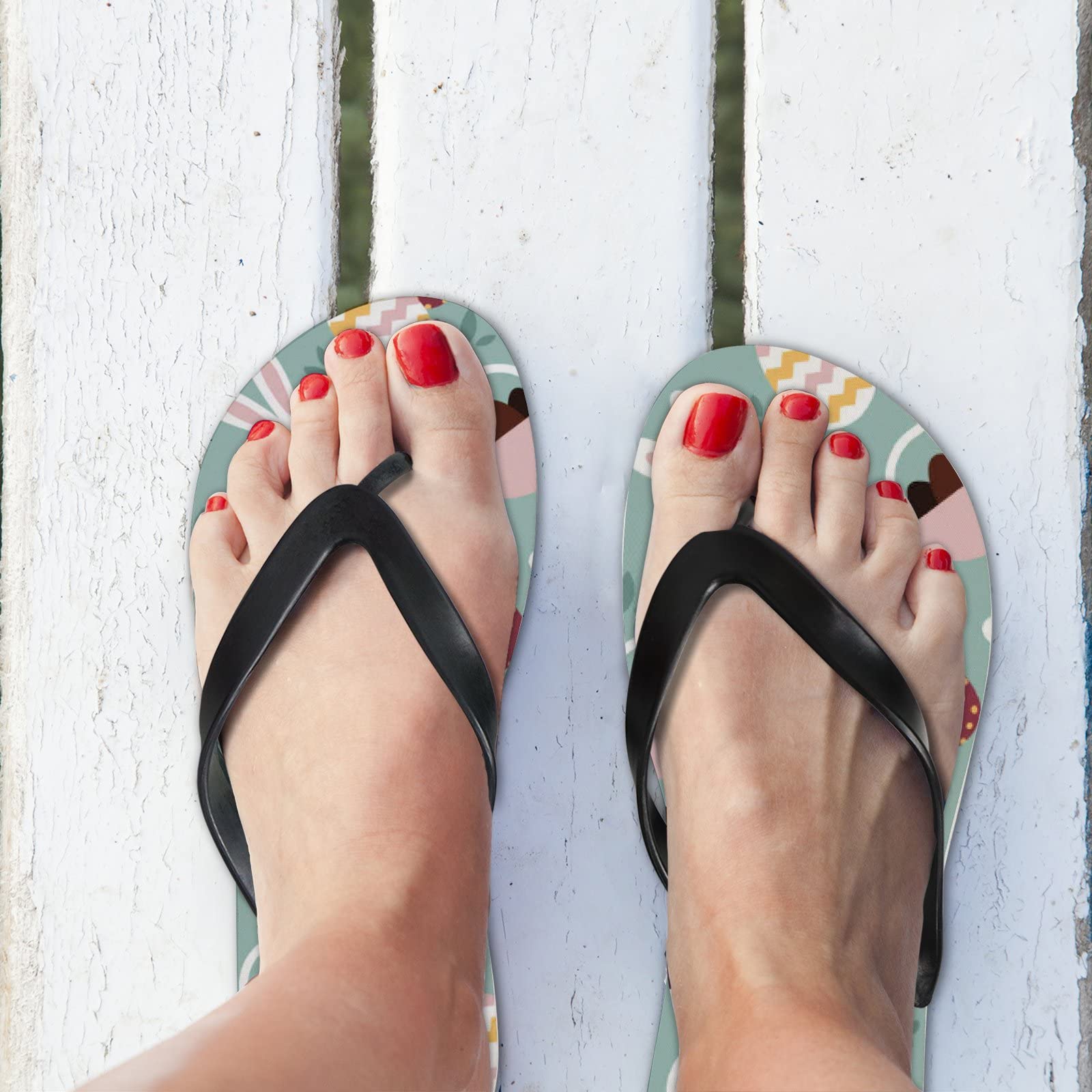 Happy Easter Themed Flip Flops - Green Slide Sandals for Women & Men | Summer Beach Slippers, Casual Thong Sandals with Non-Slip Yoga Mat Sole | Perfect for Pool Parties, Beach Vacations & Easter Celebrations