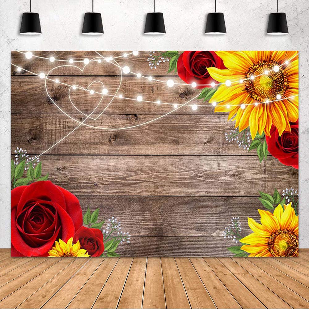 MEHOFOND 8x6ft Sunflower Rose Rustic Wood Photography Backdrop - Perfect for Baby Showers, Birthday Parties, Valentine's Wedding Decor & Bridal Showers - Studio Photo Props & Decorative Background Banner