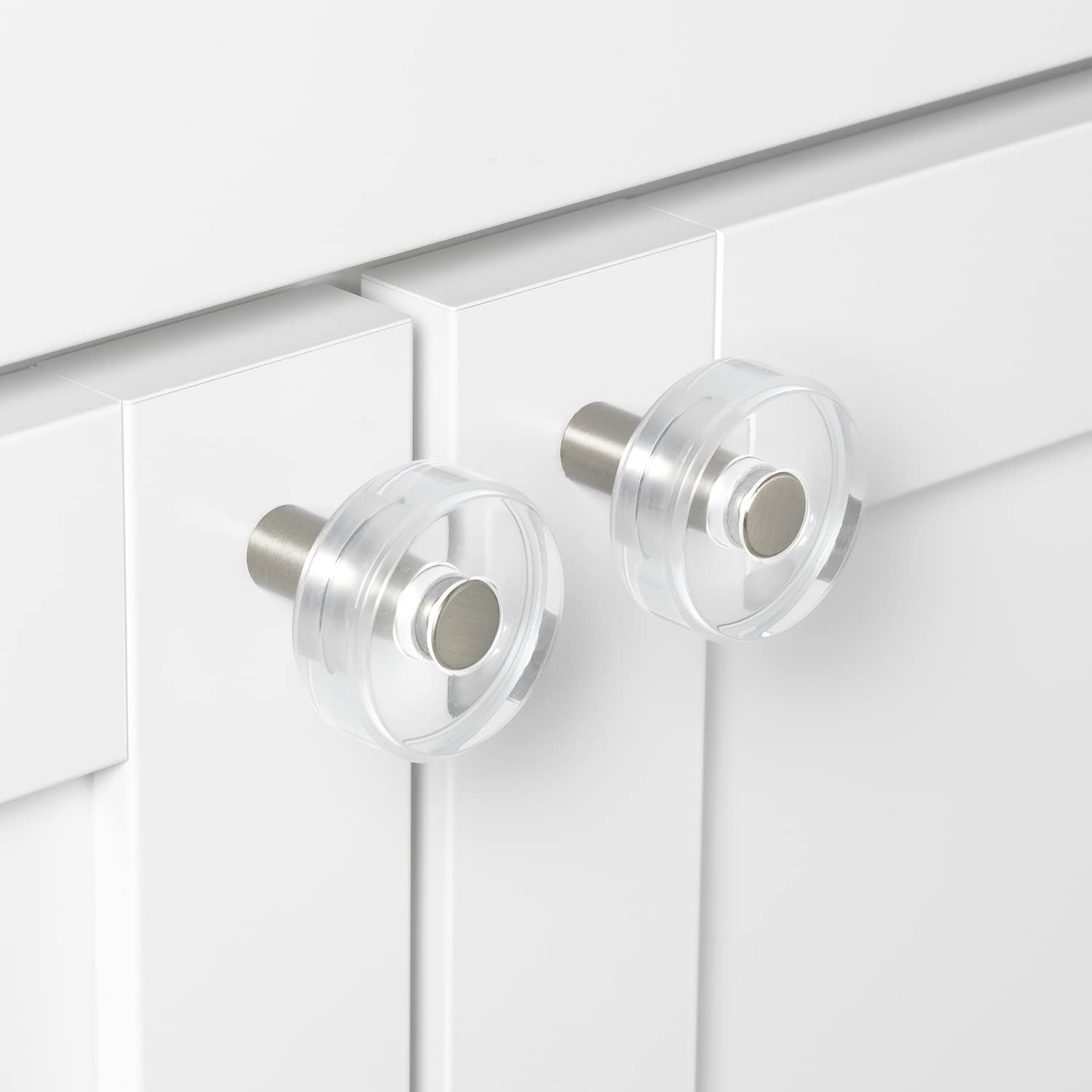 GlideRite 1-1/2 Inch Round Clear Acrylic Cabinet Knobs - Satin Nickel Finish - Pack of 25 - Modern Kitchen & Bathroom Hardware for Drawers & Cabinets
