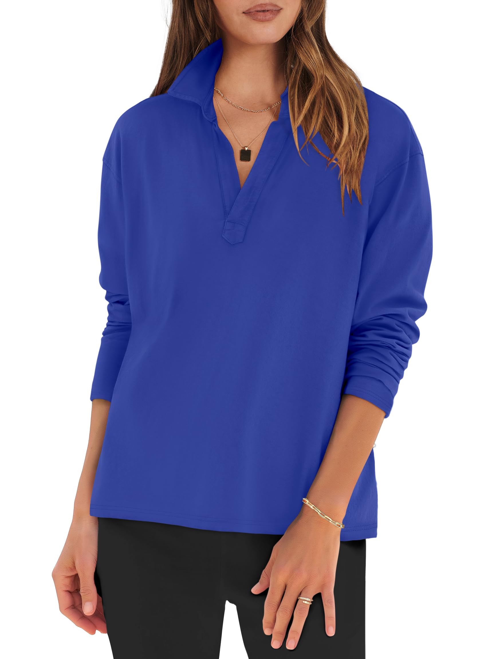 ANRABESS Women's Long Sleeve Polo Shirt - Casual V-Neck Collared Blouse, Loose Fit Work Top for Spring & Summer | Office Wear, Business Casual, Weekend Outfits