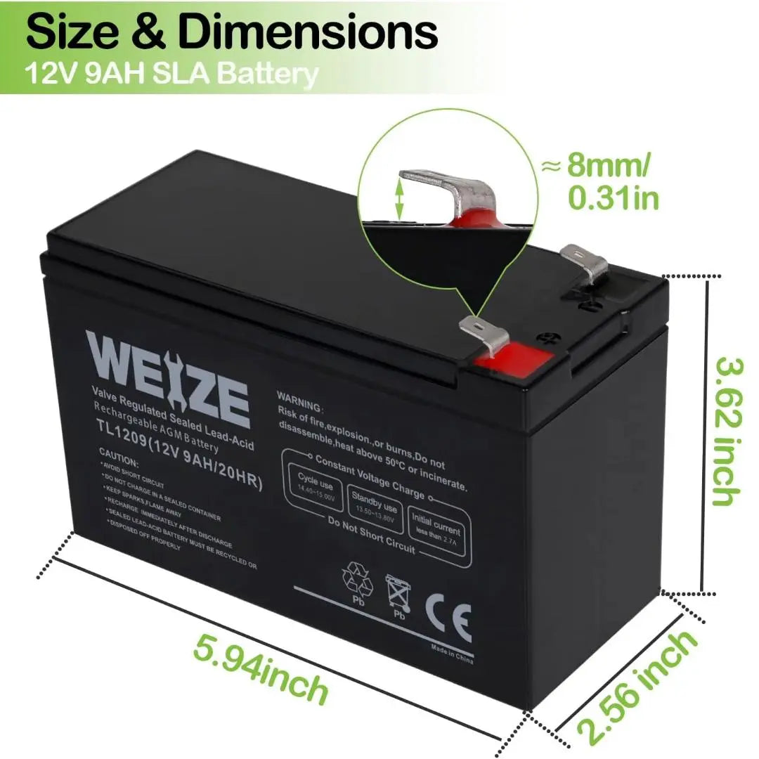 WEIZE 12V 9Ah Deep Cycle AGM Battery - Rechargeable SLA Battery for Solar Power, UPS, Medical Equipment & More - Perfect for RV, Marine, Golf Cart & Off-Grid Applications