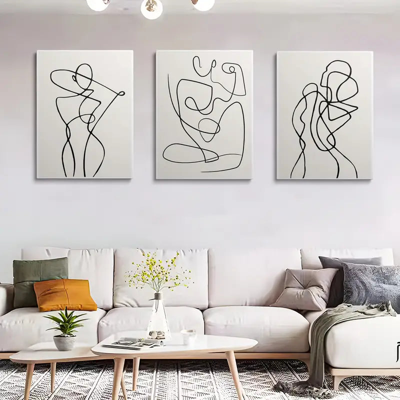 3-Piece Abstract Black & White Minimalist Line Art Metal Wall Prints - Ready to Hang Modern Home Decor for Living Room, Bedroom & Office