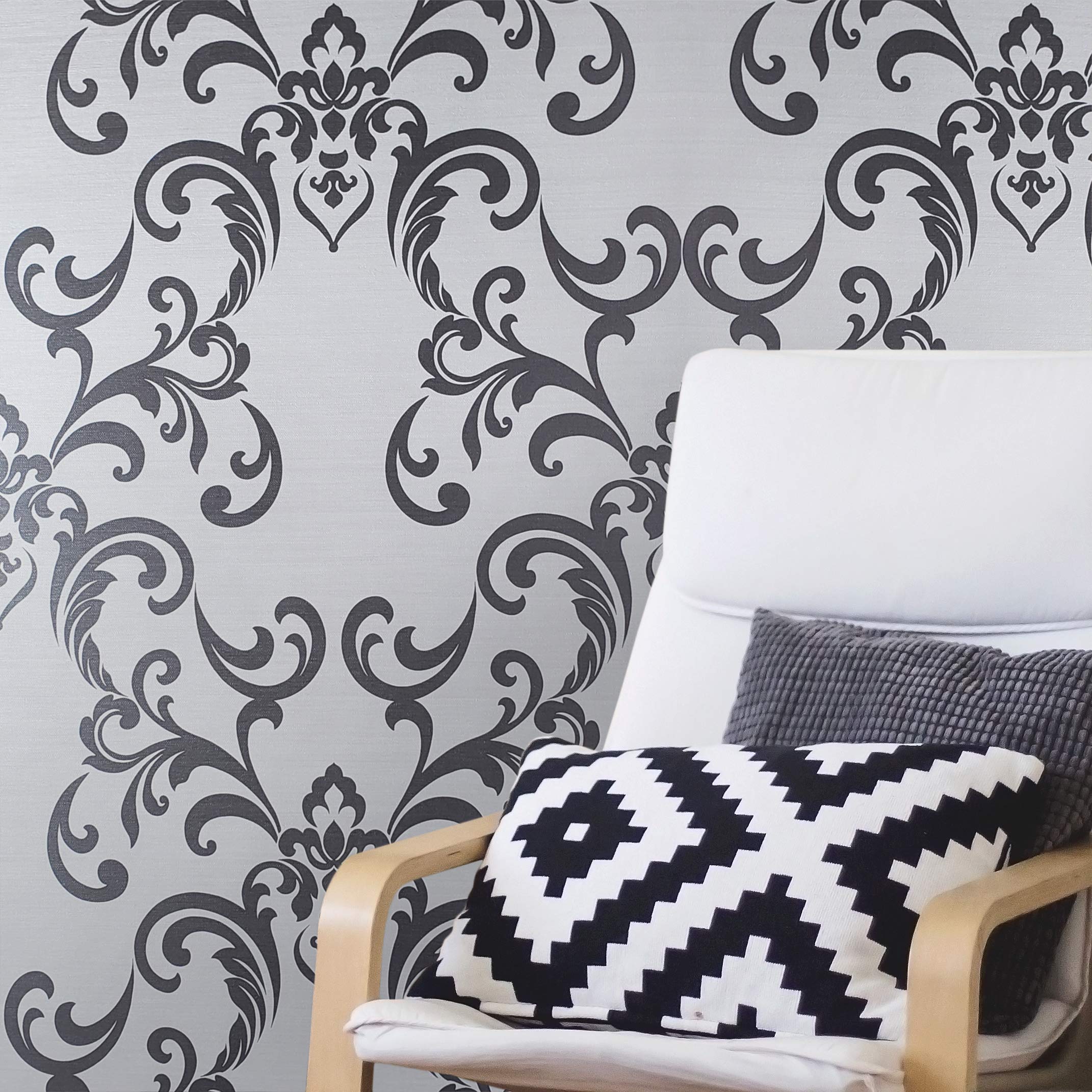 Textured White Gray Victorian Damask Faux Grasscloth 3D Wallpaper Rolls - Peel and Stick Removable Wallpaper for Living Room, Bedroom, Dining Room Decor