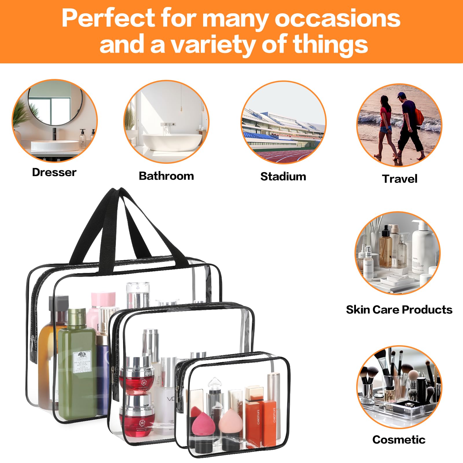 HAOGUAGUA 3-Piece Large Clear Travel Toiletry Bags Set - Waterproof Transparent Cosmetic Makeup Organizer - TSA Approved Plastic Storage Pouches for Shampoo, Lotion & Skincare (Black) | Perfect for Air Travel, Gym & Vacation Packing