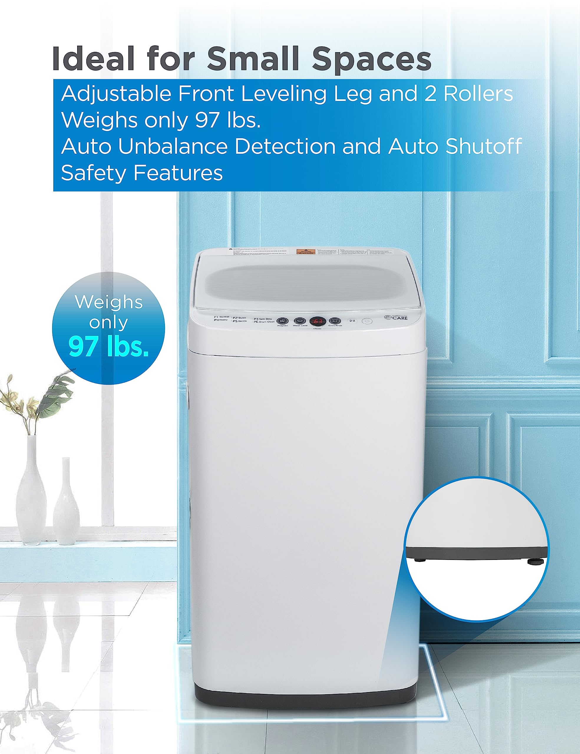 0.9 Cu. Ft. Portable Washing Machine - Compact Laundry Washer with 6 Wash Cycles & 3 Water Levels for Apartments, RVs, Camping & Small Spaces