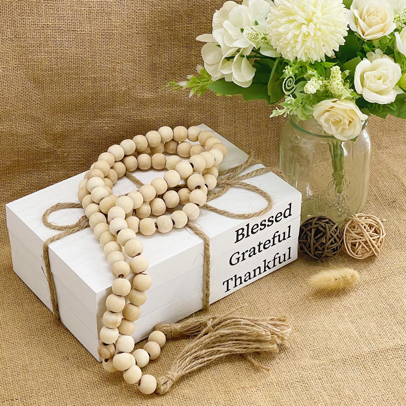 Decorative Faux Books Set for Home Decor - Rustic Farmhouse Shelf & Coffee Table Decor with Wooden Bead String Tassel (58 Inch) - Perfect for Living Room, Bedroom, and Bookshelf Styling