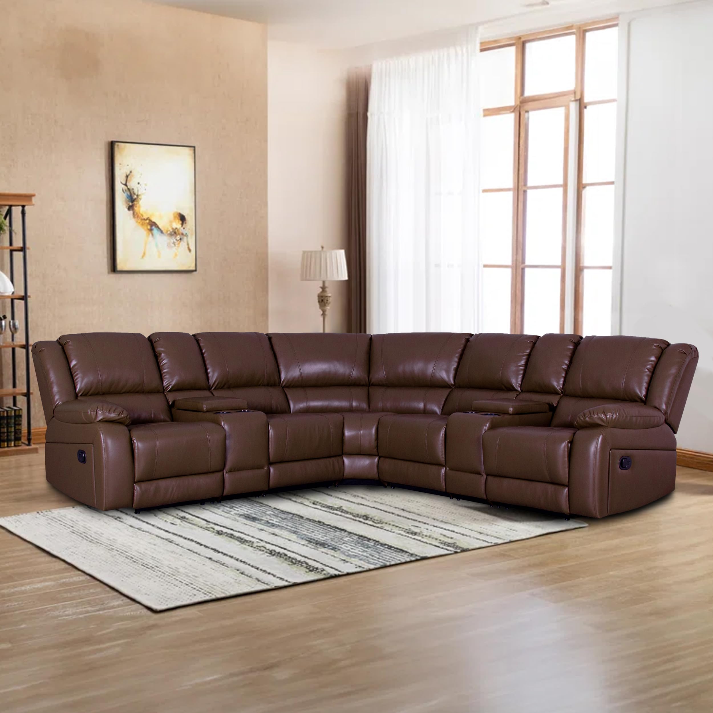Modular Sectional Sofa with PU Leather & Manual Recliner - Symmetrical L-Shaped Couch Set for Living Room | Brown Reclining Sofa for Family Movie Nights & Lounge Relaxation