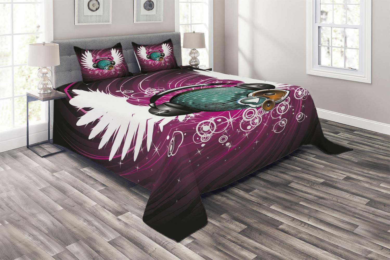 Ambesonne Popstar Party Quilt Set - Disco Ball with Headphones & Angel Wings Design, Vibrant Swirl Circles Pattern, 3-Piece Queen Size Bedspread with 2 Pillow Shams in Magenta Black Teal - Perfect for Teen Bedrooms, Music Lover Gifts & Themed Party Decor